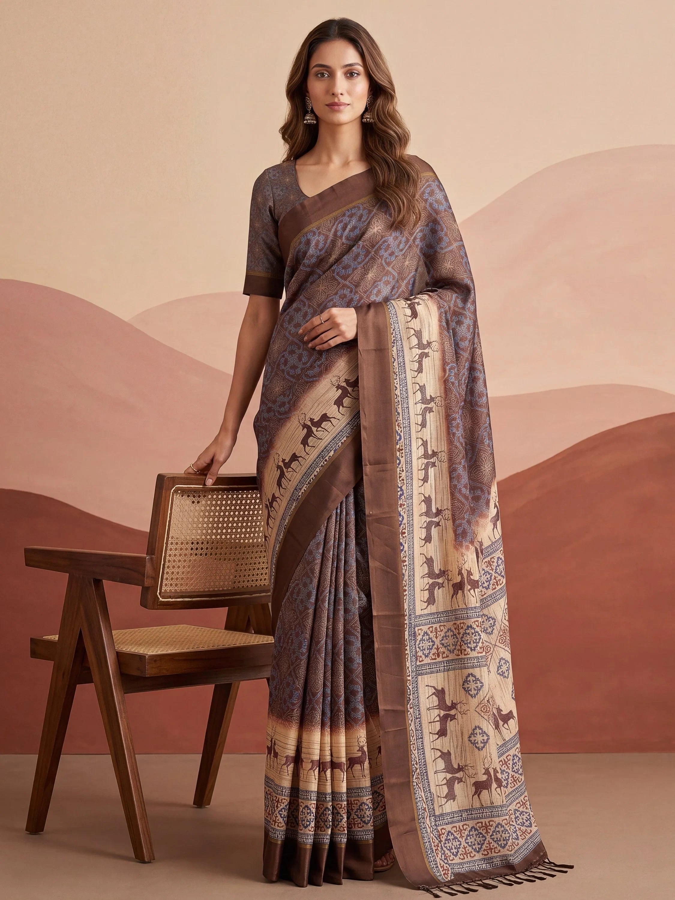 Brown Graceful Digital Printed Silk Traditional Saree With Blouse