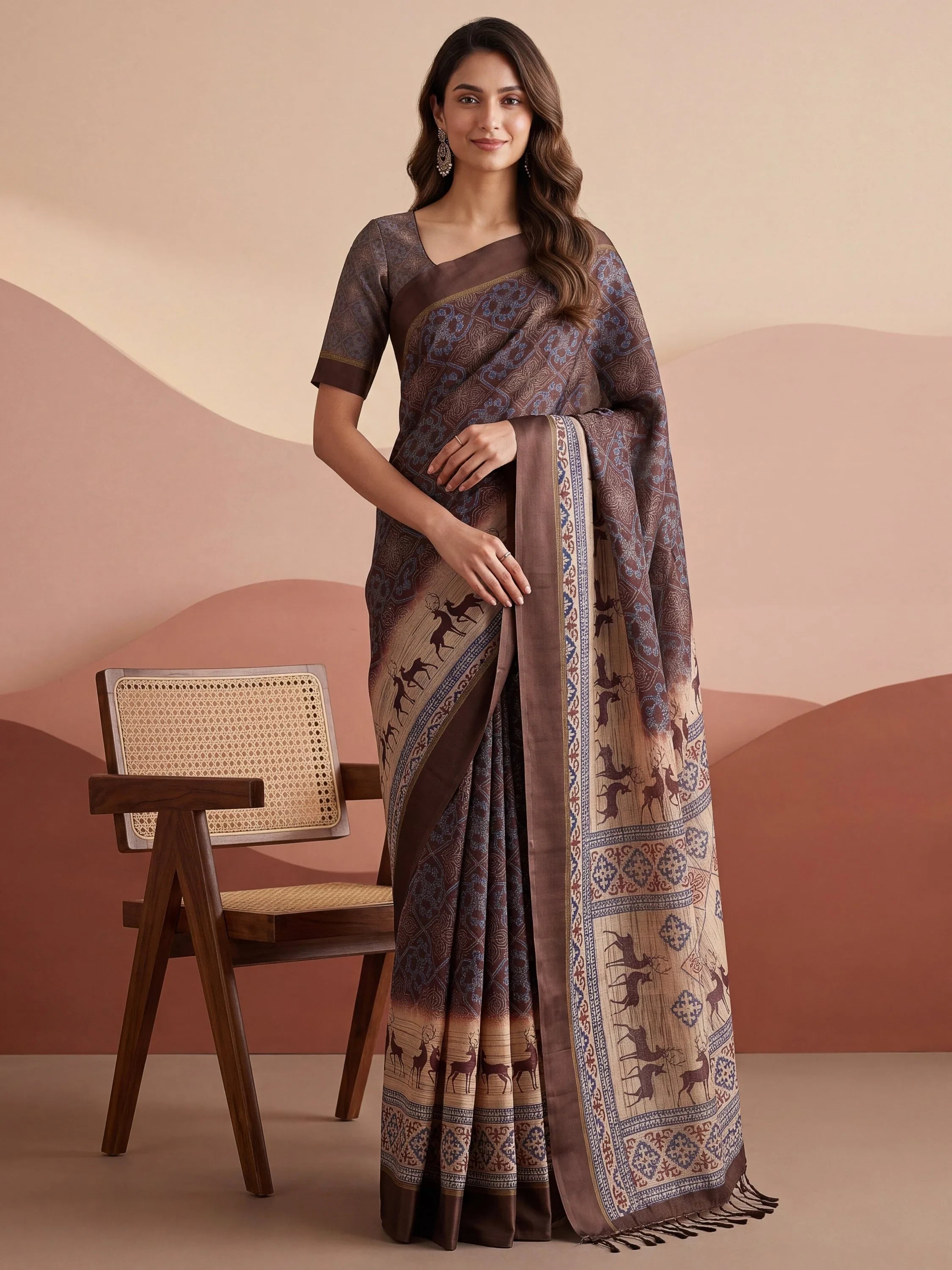 Brown Graceful Digital Printed Silk Traditional Saree With Blouse