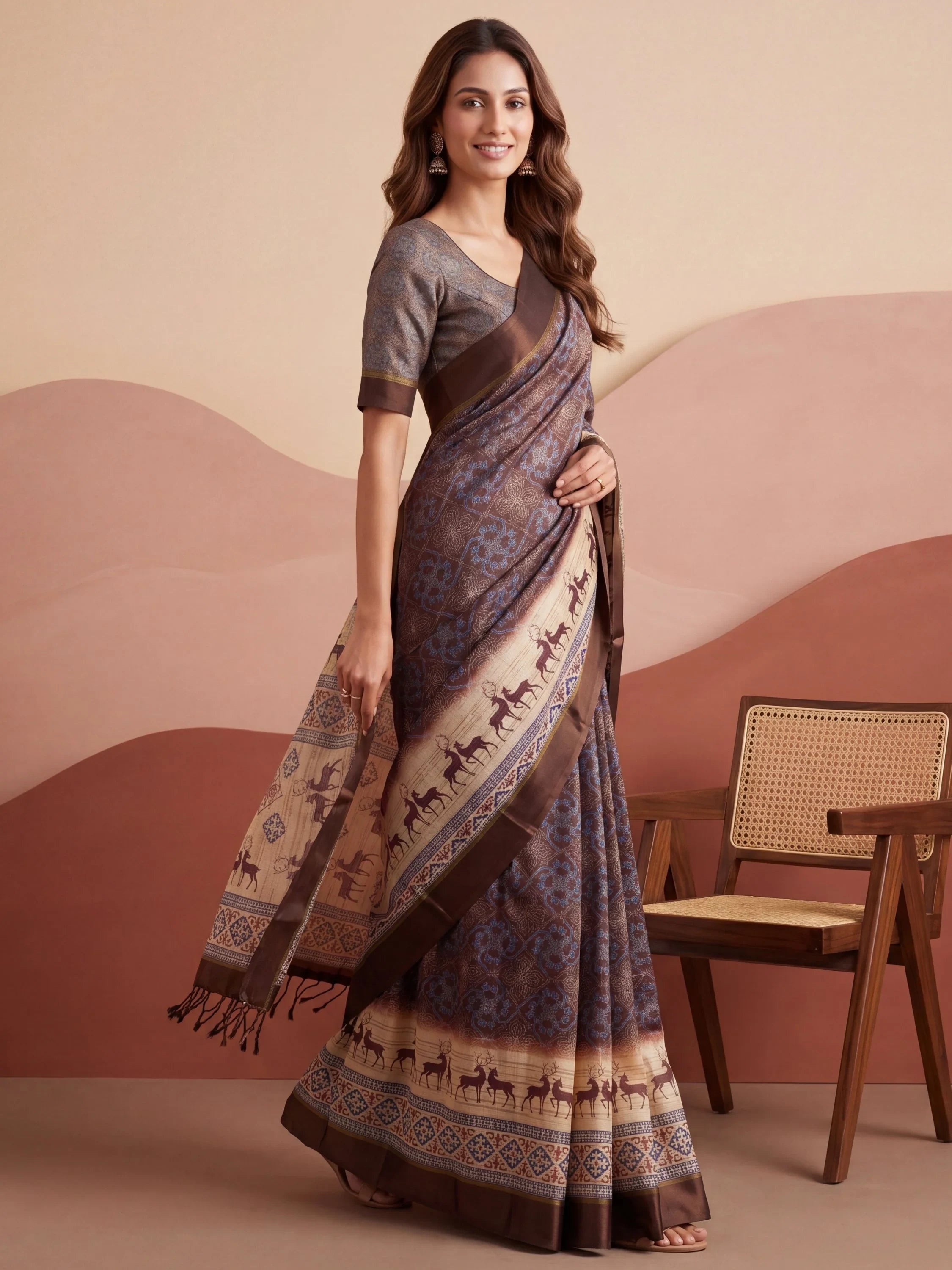 Brown Graceful Digital Printed Silk Traditional Saree With Blouse