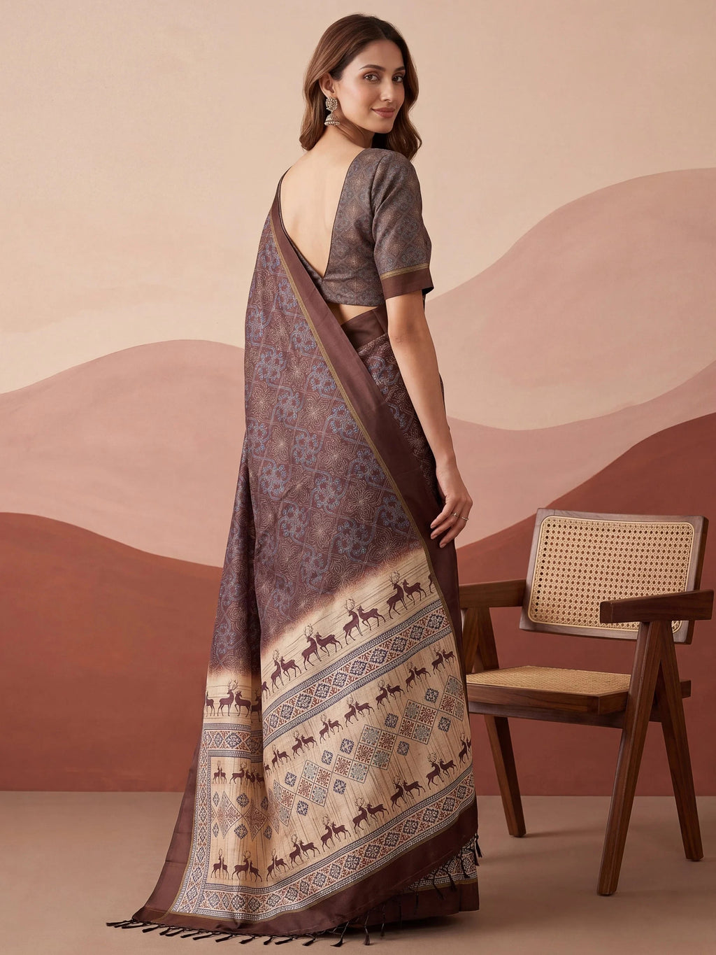 Brown Graceful Digital Printed Silk Traditional Saree With Blouse