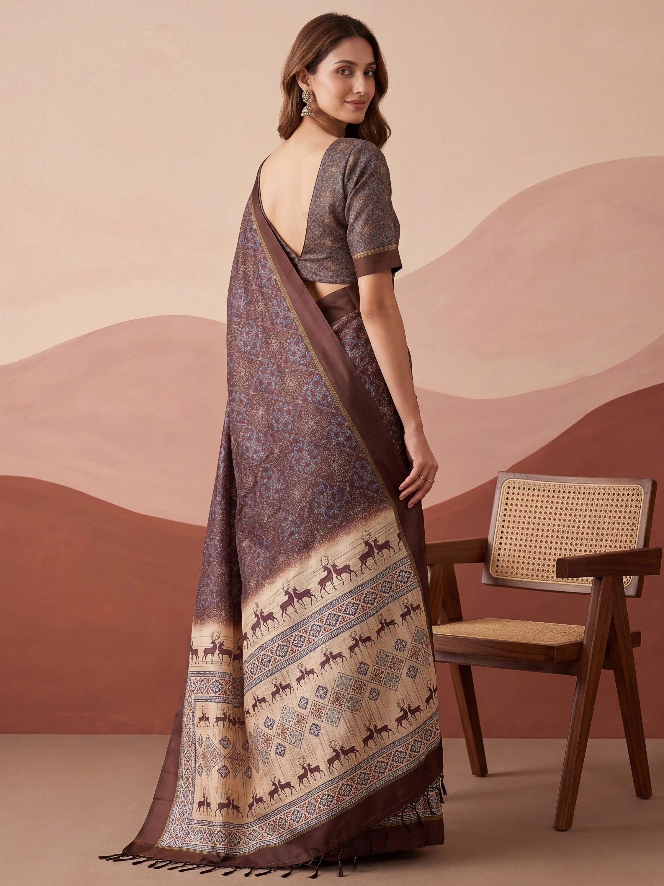 Brown Graceful Digital Printed Silk Traditional Saree With Blouse