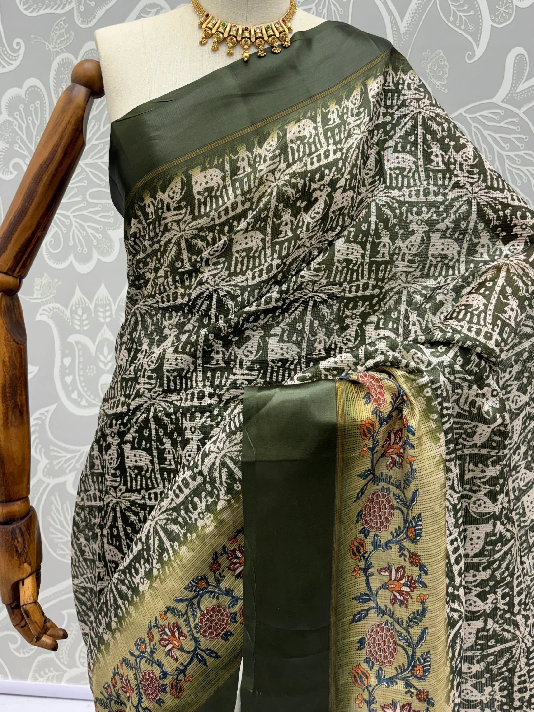 Green Splendid Printed Silk Daily Wear Saree With Blouse