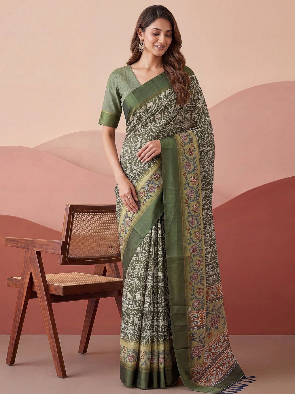 Green Splendid Printed Silk Daily Wear Saree With Blouse