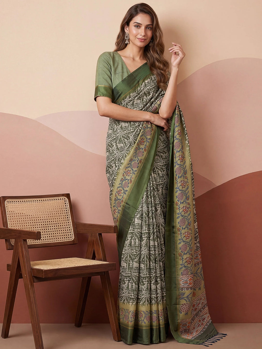 Green Splendid Printed Silk Daily Wear Saree With Blouse