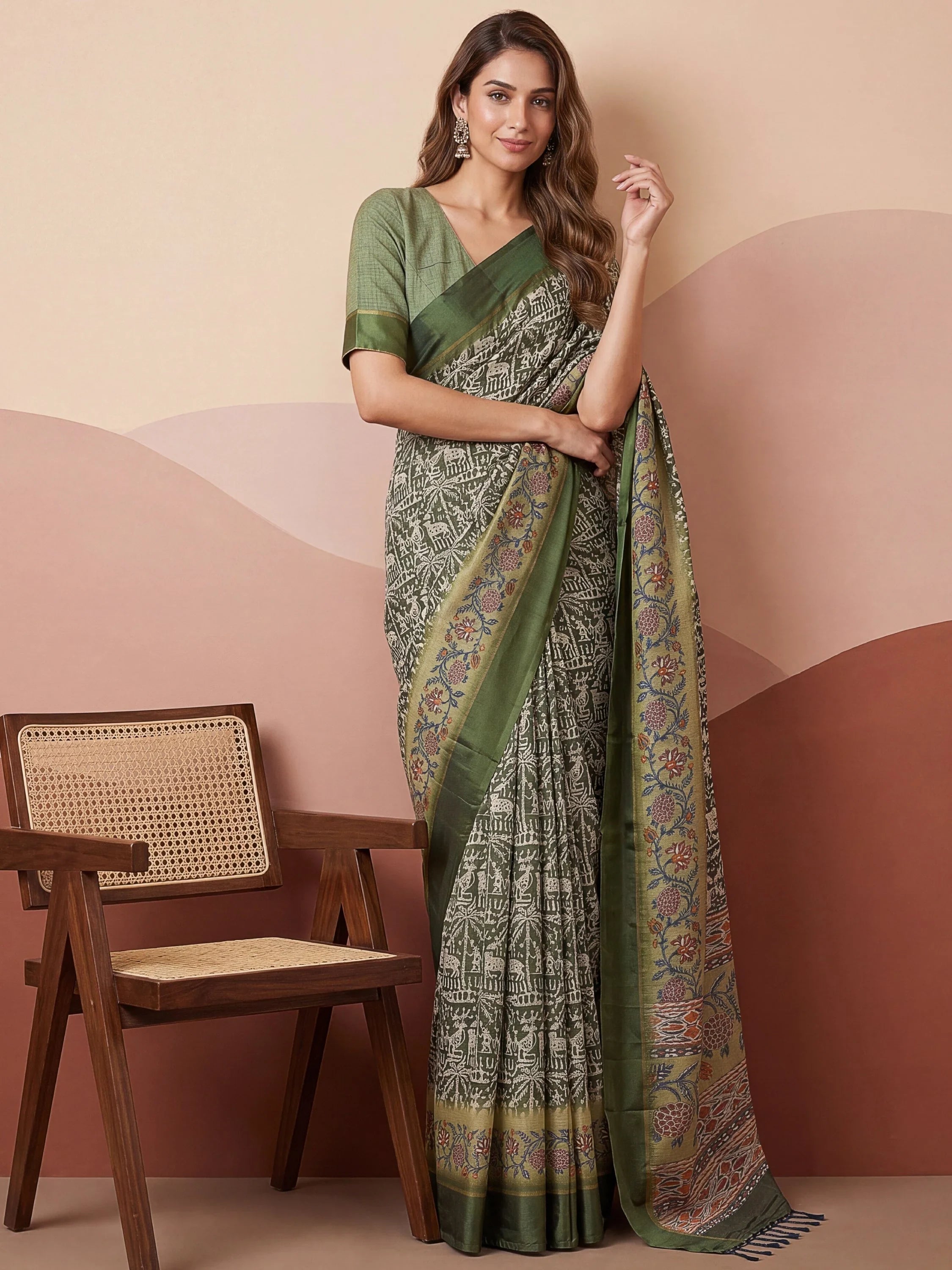 Green Splendid Printed Silk Daily Wear Saree With Blouse