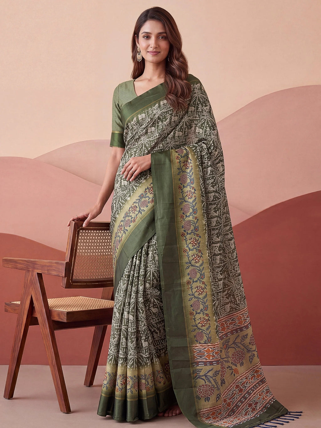 Green Splendid Printed Silk Daily Wear Saree With Blouse