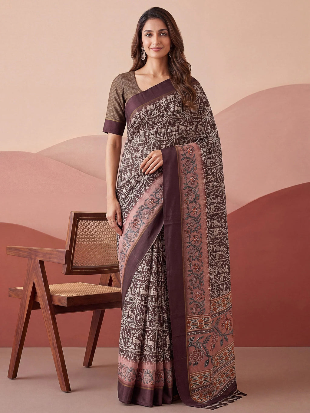 Brown Splendid Printed Silk Daily Wear Saree With Blouse