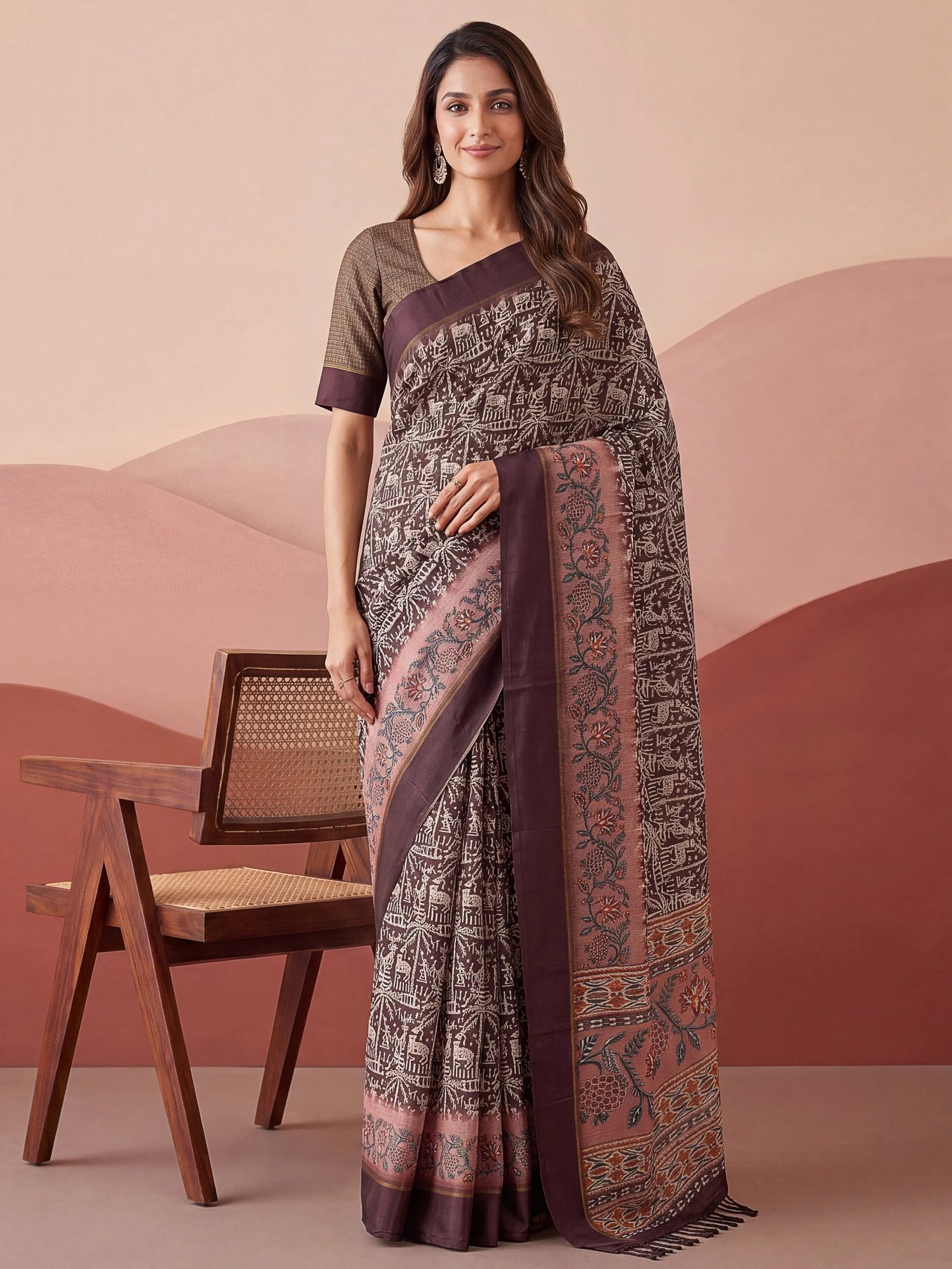 Brown Splendid Printed Silk Daily Wear Saree With Blouse