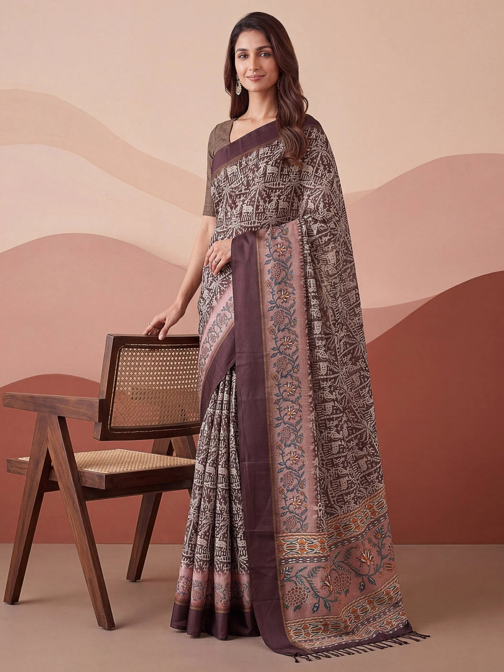 Brown Splendid Printed Silk Daily Wear Saree With Blouse