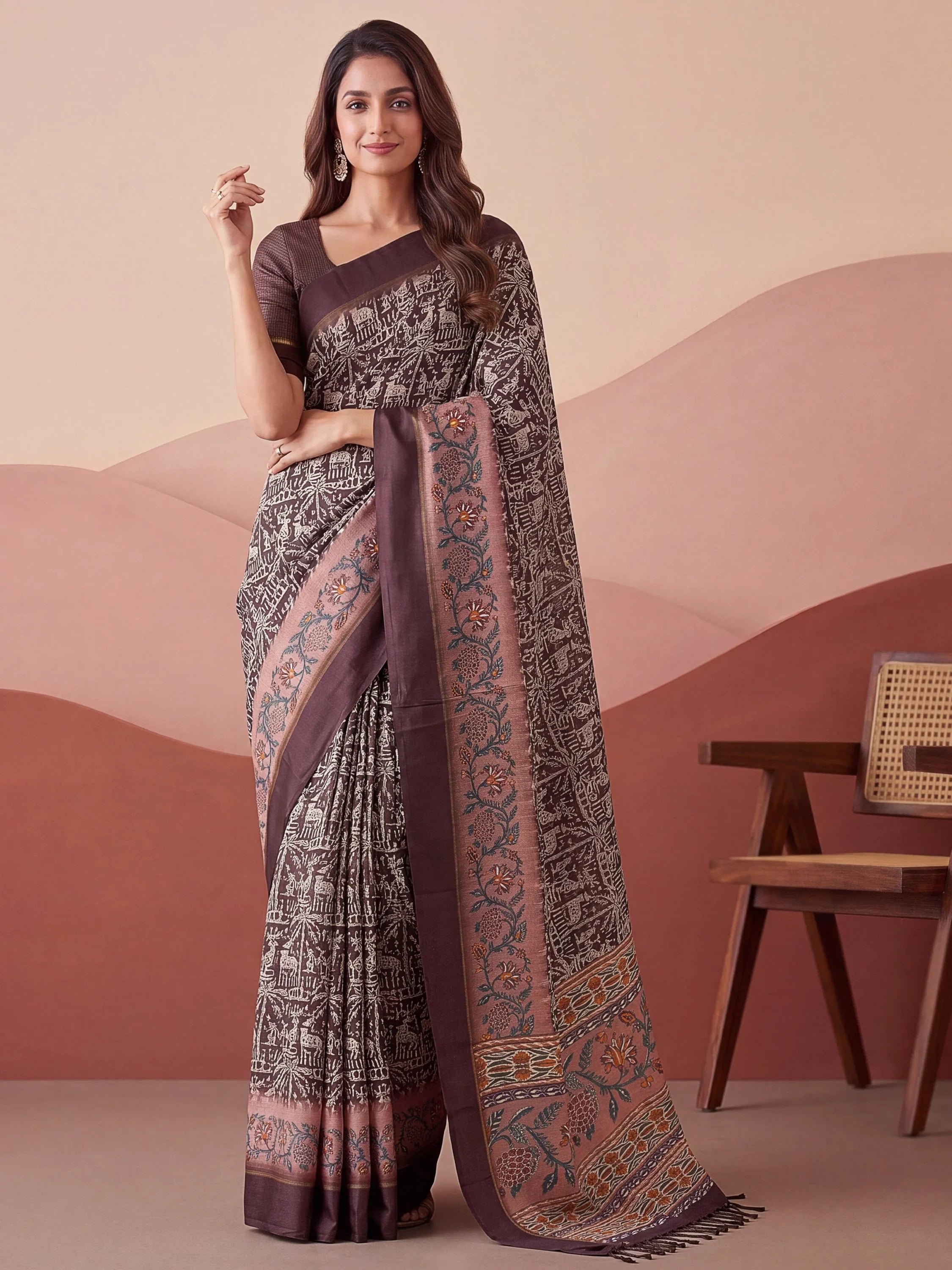 Brown Splendid Printed Silk Daily Wear Saree With Blouse