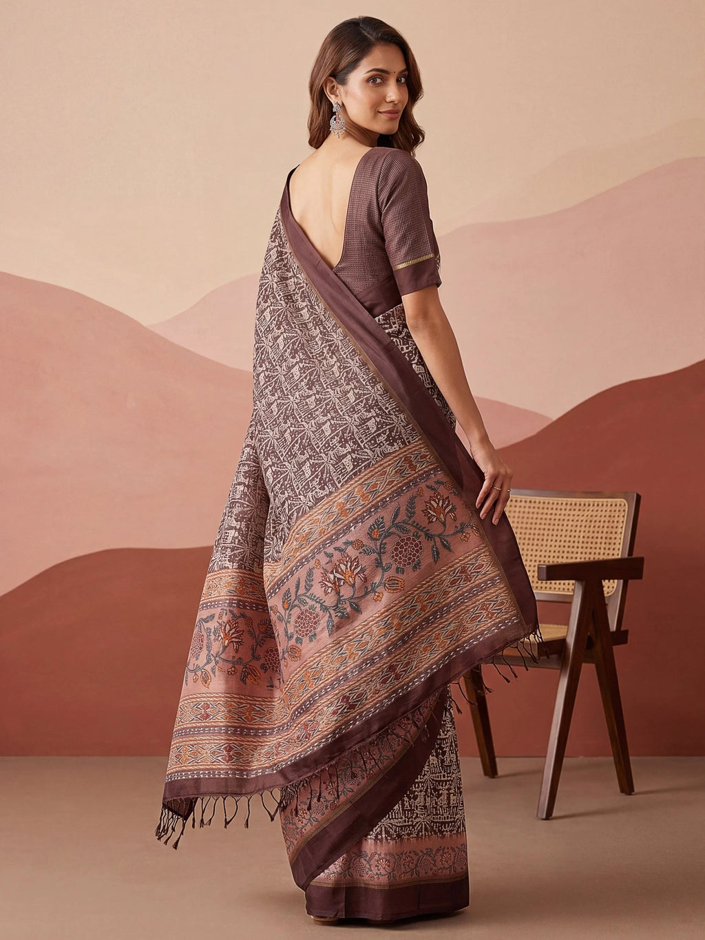 Brown Splendid Printed Silk Daily Wear Saree With Blouse