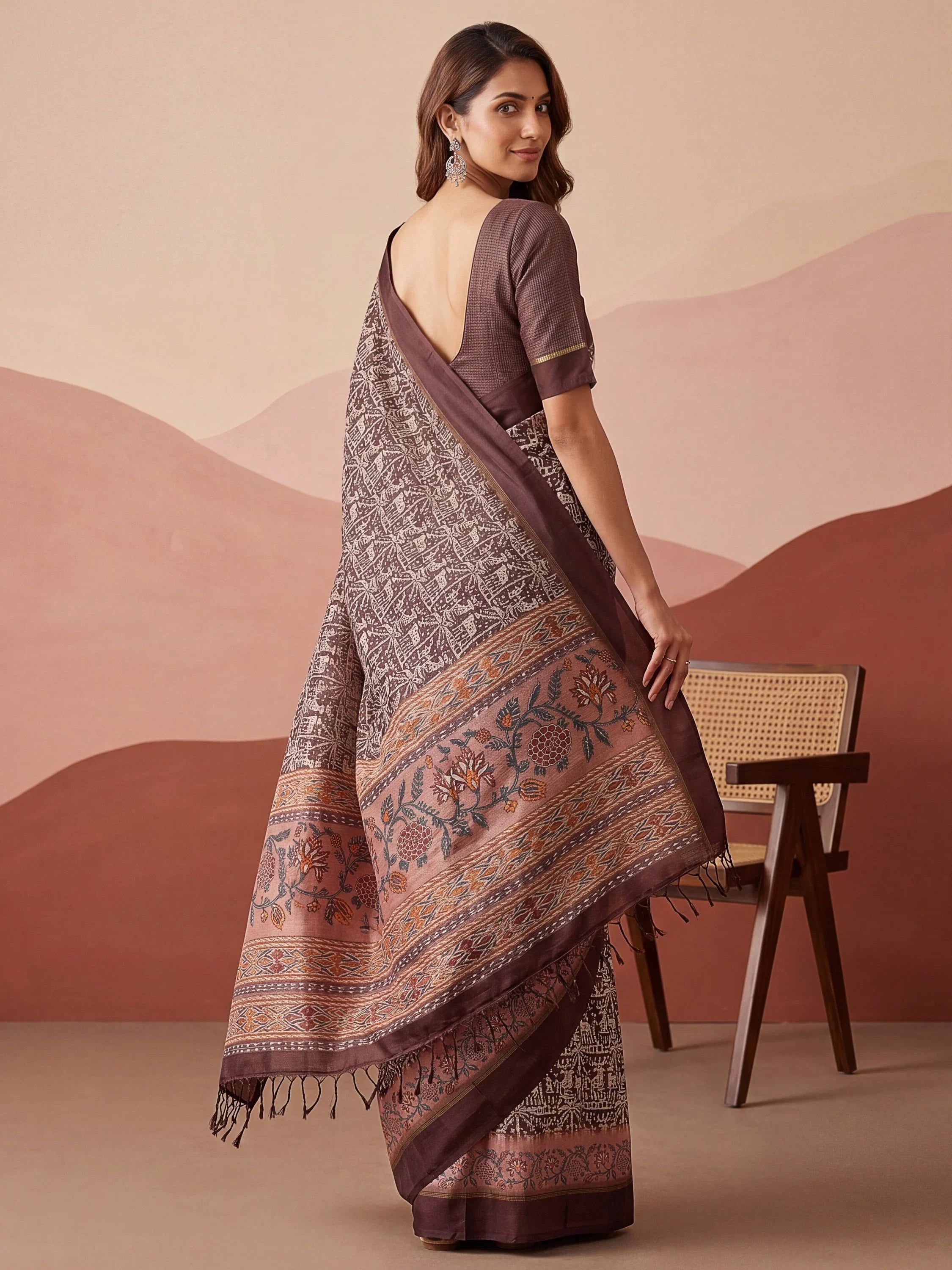 Brown Splendid Printed Silk Daily Wear Saree With Blouse