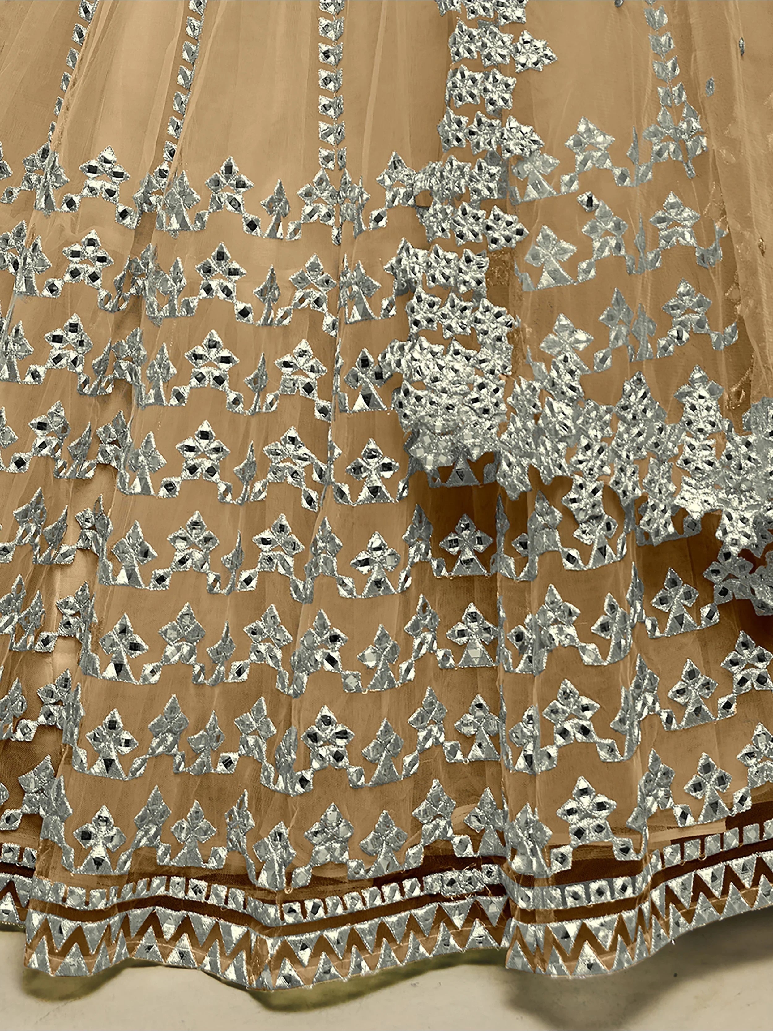 Beige Stunning Foil Work Net Wedding Lehenga Choli With Dupatta