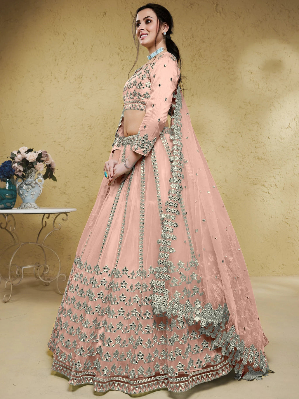 Pink Stunning Foil Work Net Wedding Lehenga Choli With Dupatta