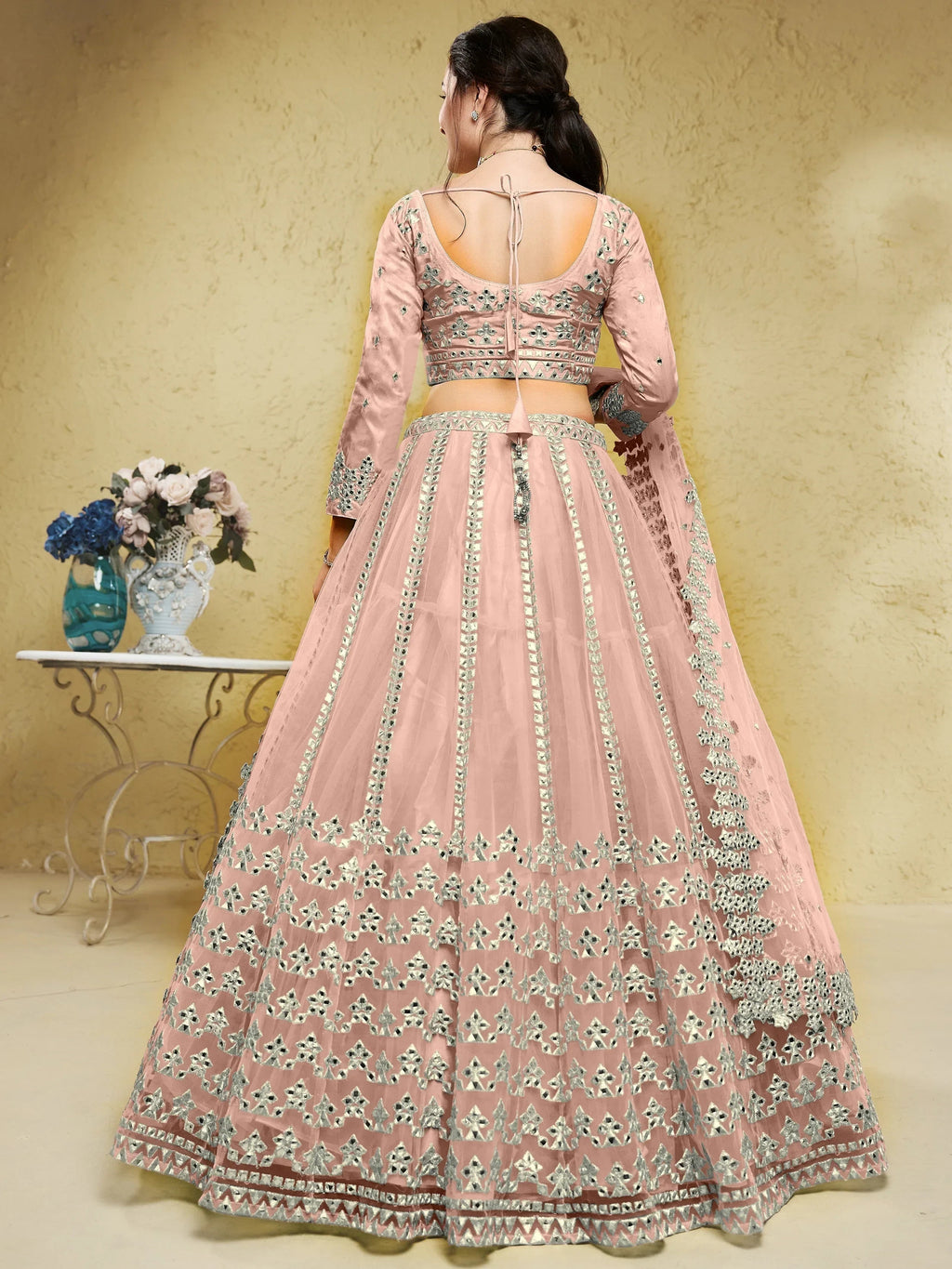 Pink Stunning Foil Work Net Wedding Lehenga Choli With Dupatta