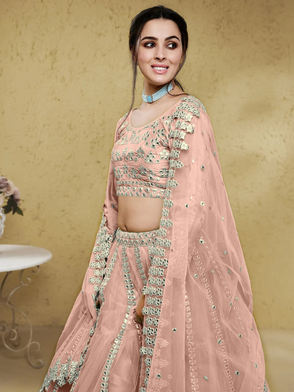 Pink Stunning Foil Work Net Wedding Lehenga Choli With Dupatta