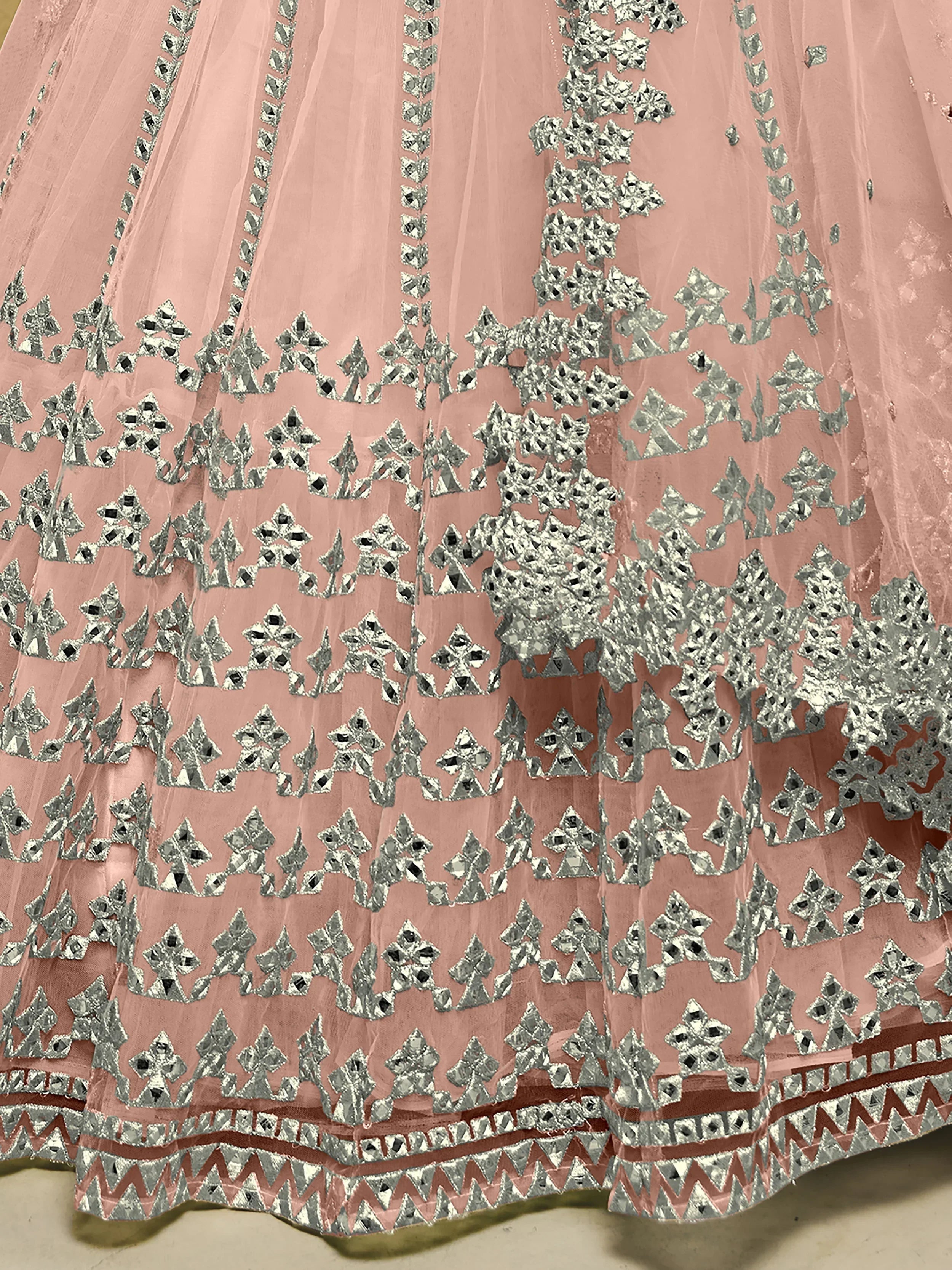 Pink Stunning Foil Work Net Wedding Lehenga Choli With Dupatta