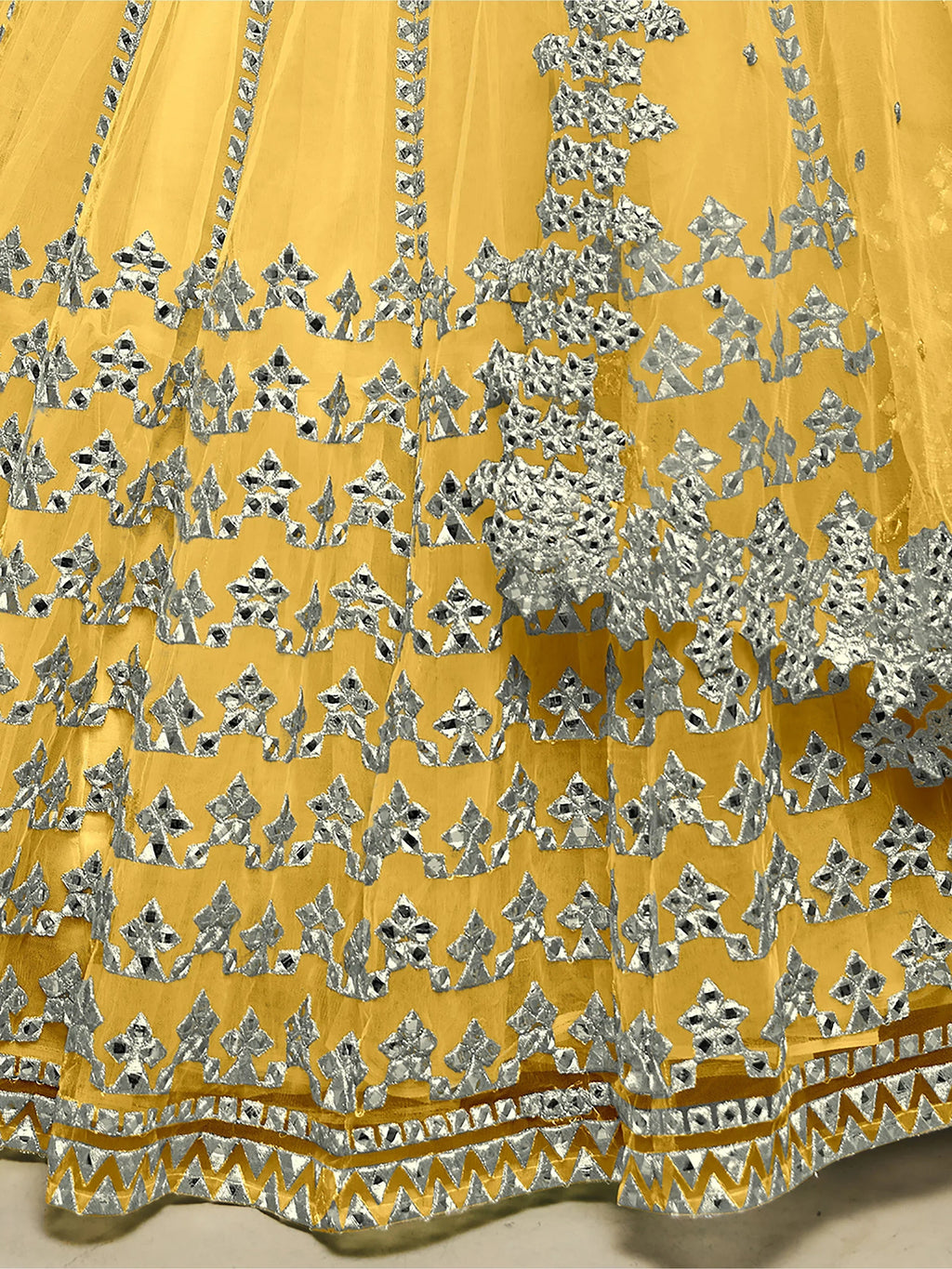 Magnetic Yellow Foil Work Net Haldi Wear Lehenga Choli With Dupatta