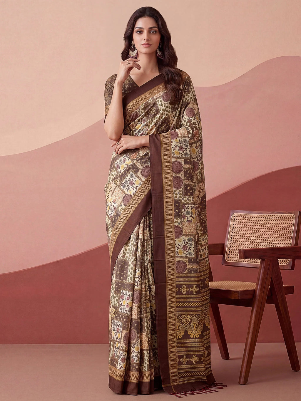 Cream Fantabulous Floral Printed Silk Festive Wear Saree With Blouse