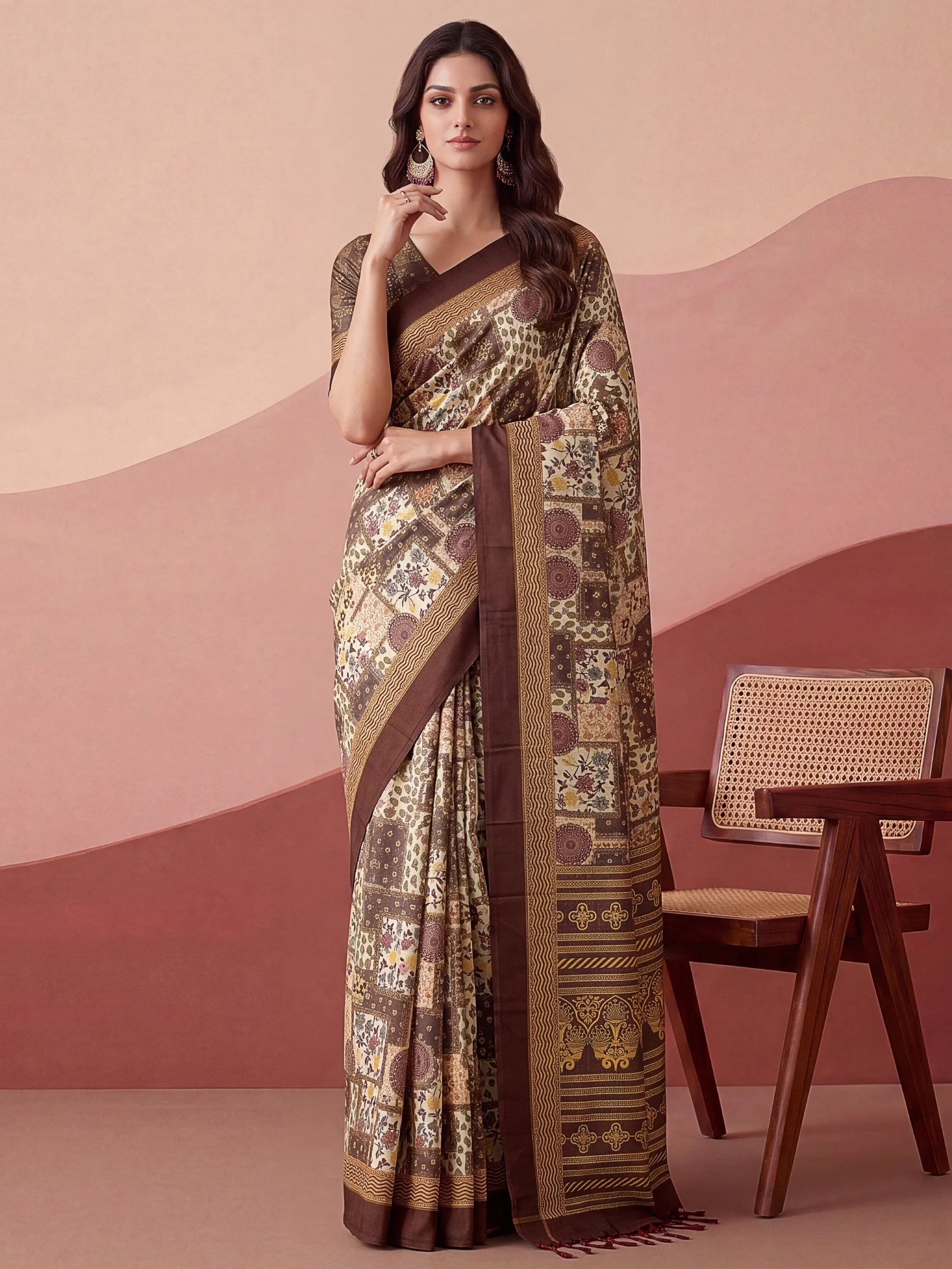 Cream Fantabulous Floral Printed Silk Festive Wear Saree With Blouse