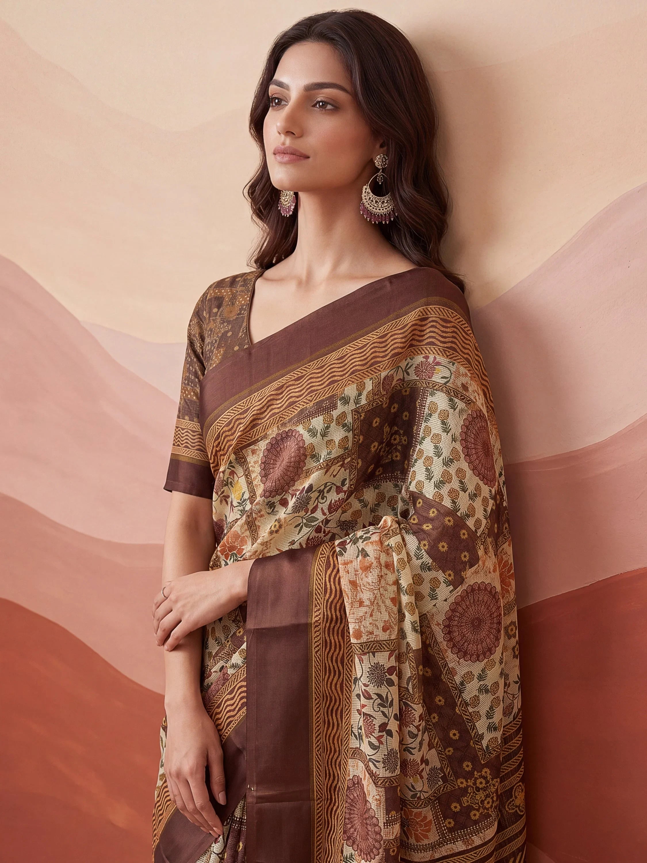 Cream Fantabulous Floral Printed Silk Festive Wear Saree With Blouse