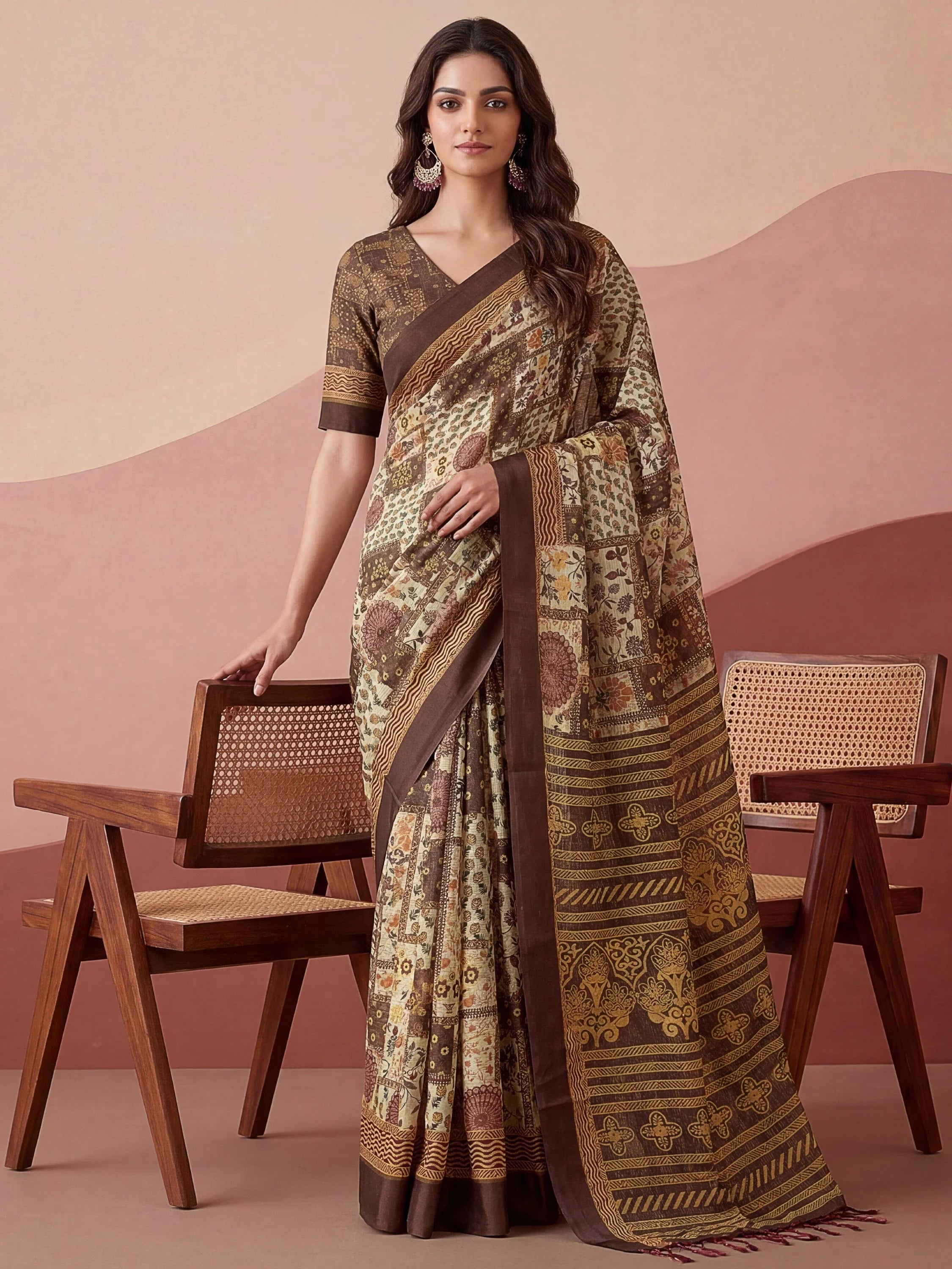 Cream Fantabulous Floral Printed Silk Festive Wear Saree With Blouse