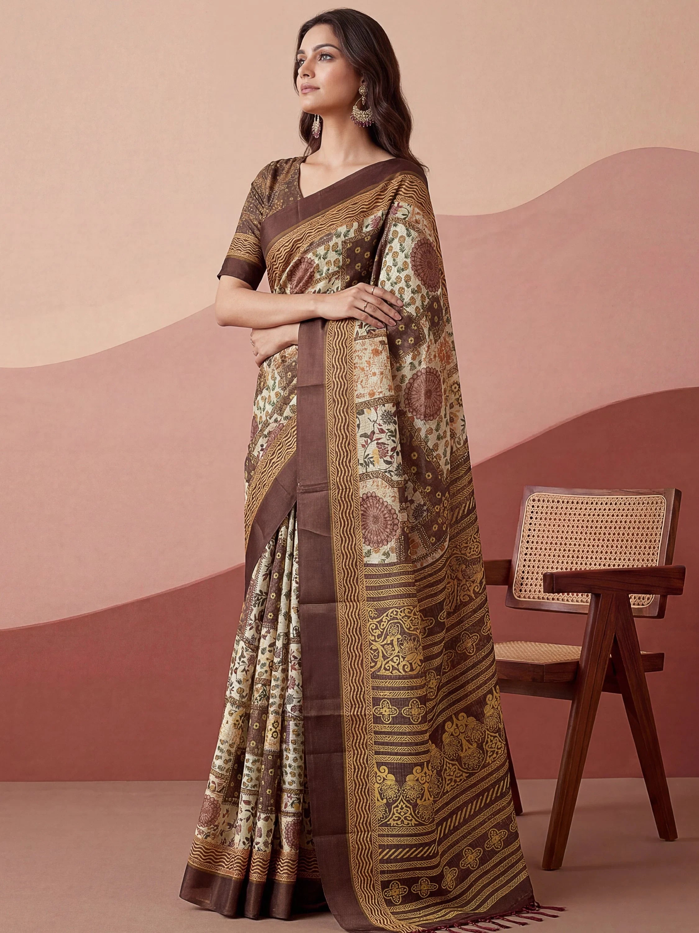 Cream Fantabulous Floral Printed Silk Festive Wear Saree With Blouse