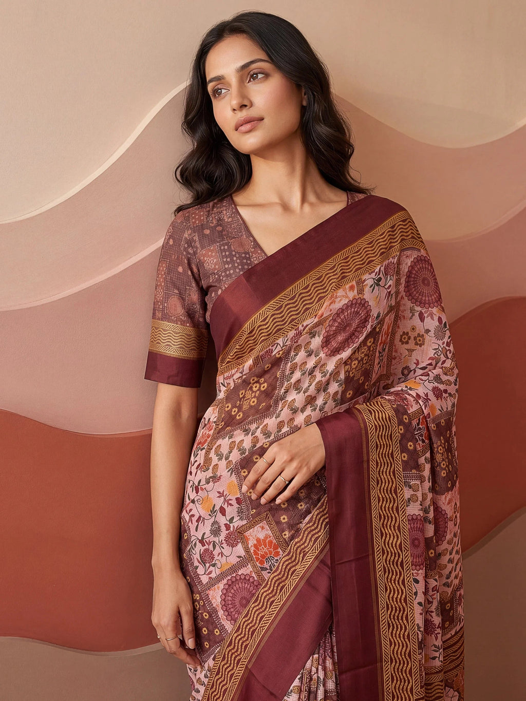 Pink Fantabulous Floral Printed Silk Festive Wear Saree With Blouse