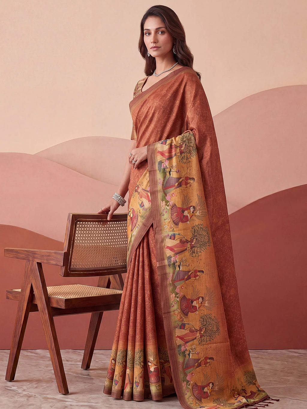 Classic Coral Red Digital Printed Silk Casual Wear Saree With Blouse