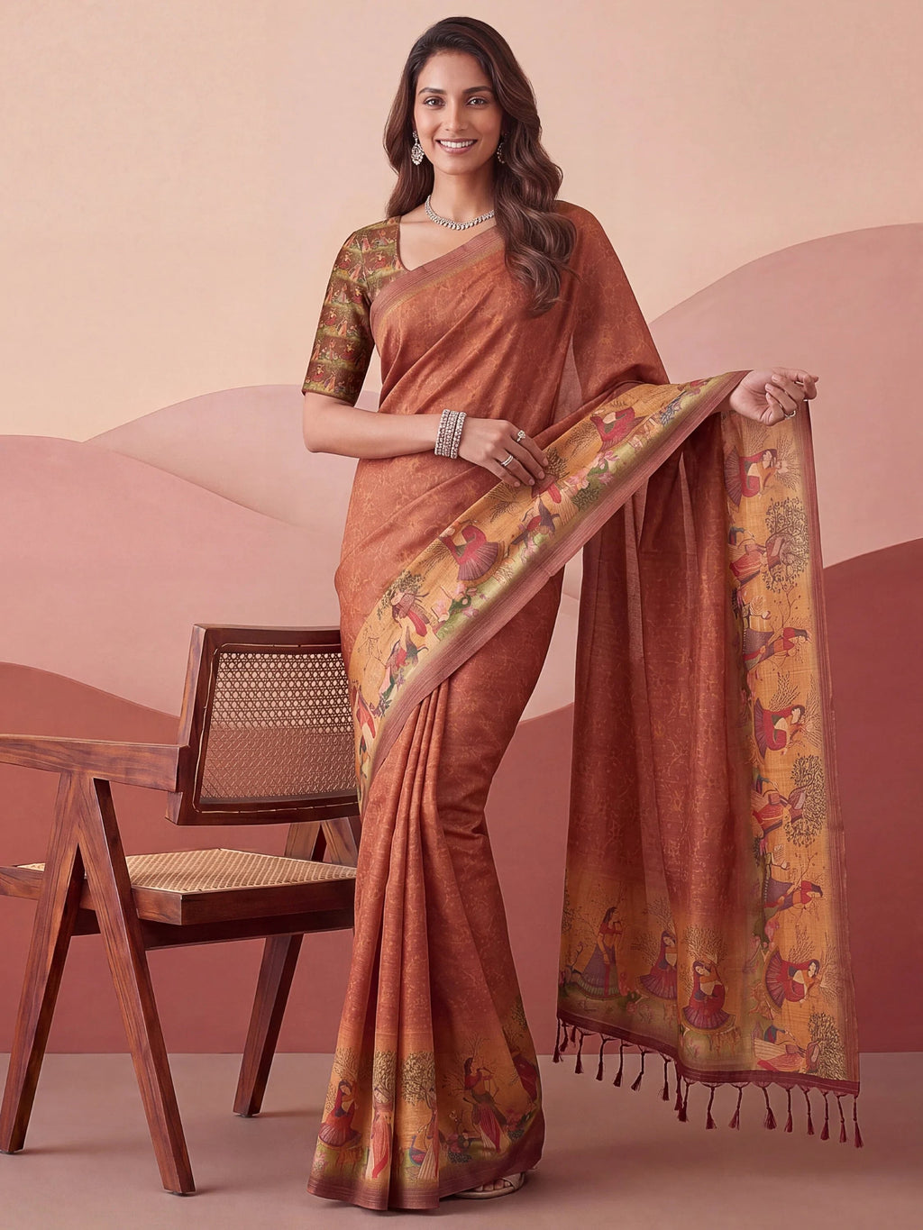 Classic Coral Red Digital Printed Silk Casual Wear Saree With Blouse