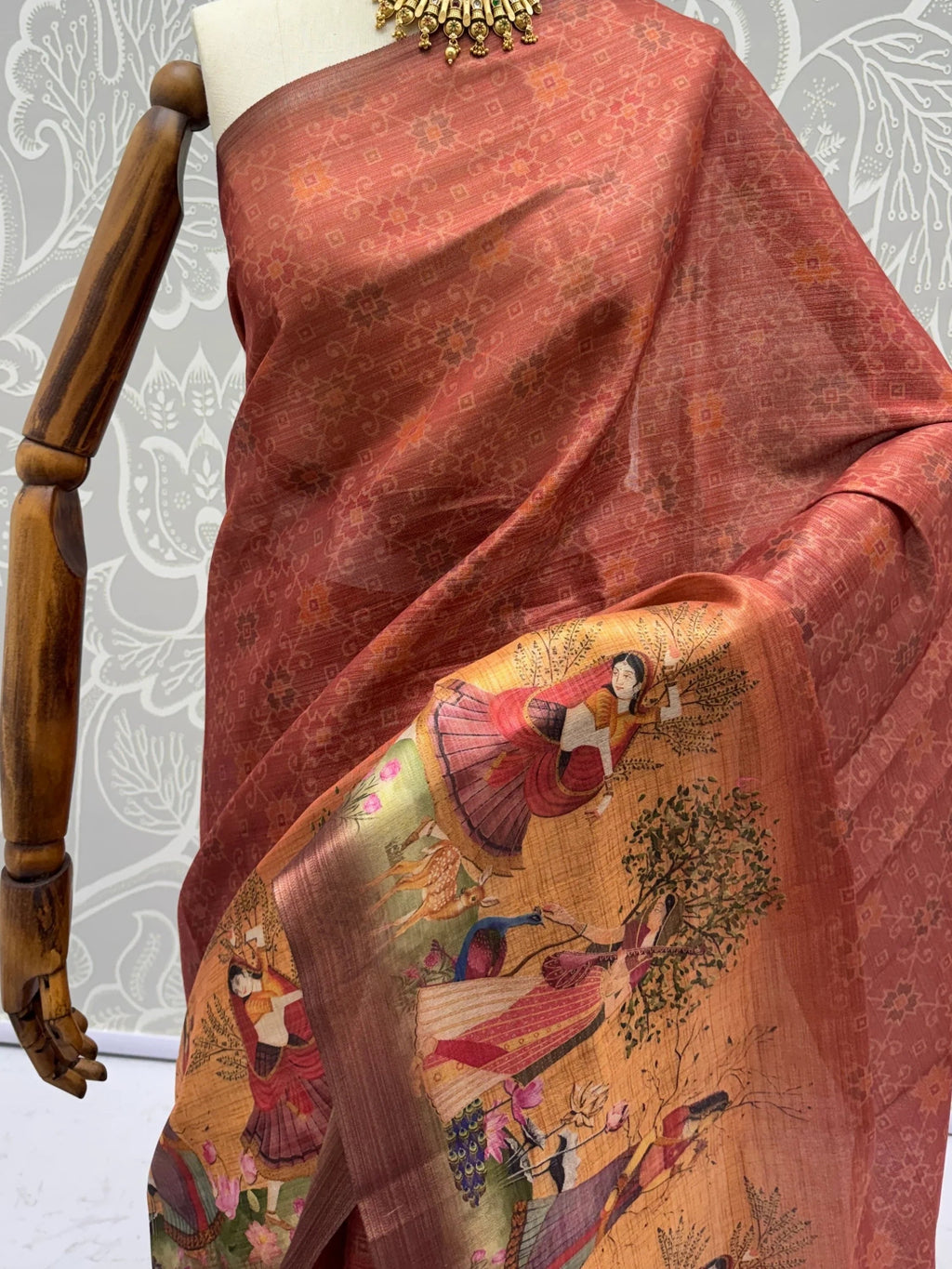 Classic Coral Red Digital Printed Silk Casual Wear Saree With Blouse