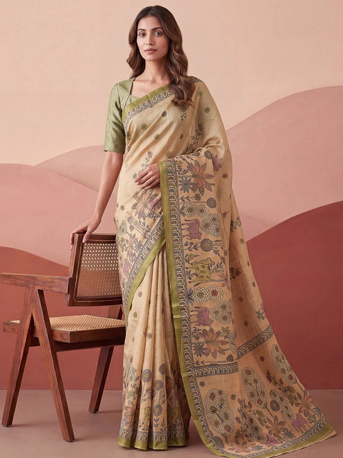 Attractive Beige Floral Printed Silk Office Wear Saree With Blouse