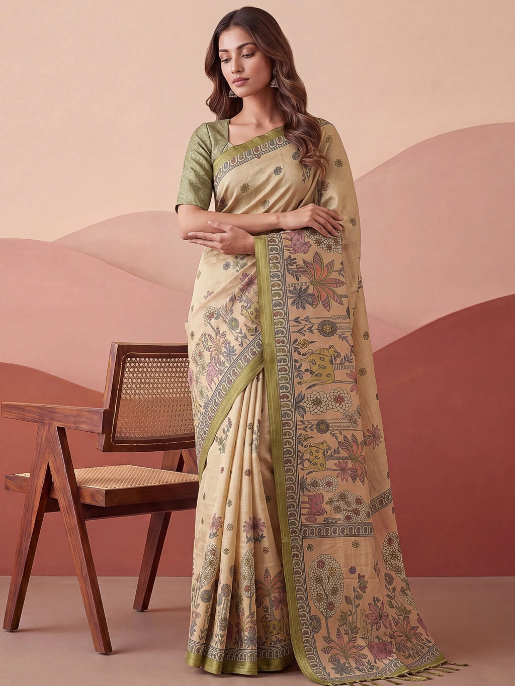 Attractive Beige Floral Printed Silk Office Wear Saree With Blouse