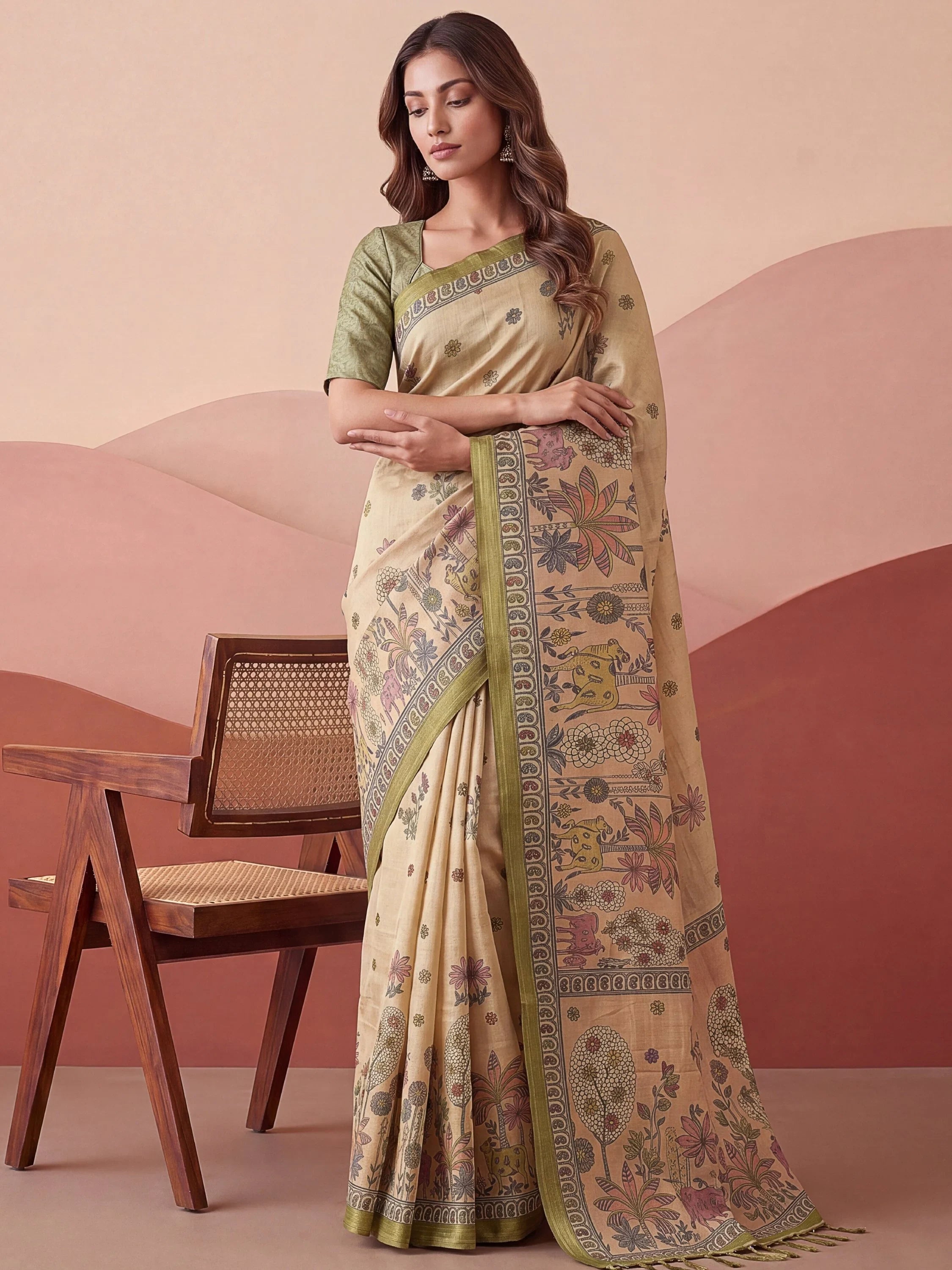 Attractive Beige Floral Printed Silk Office Wear Saree With Blouse