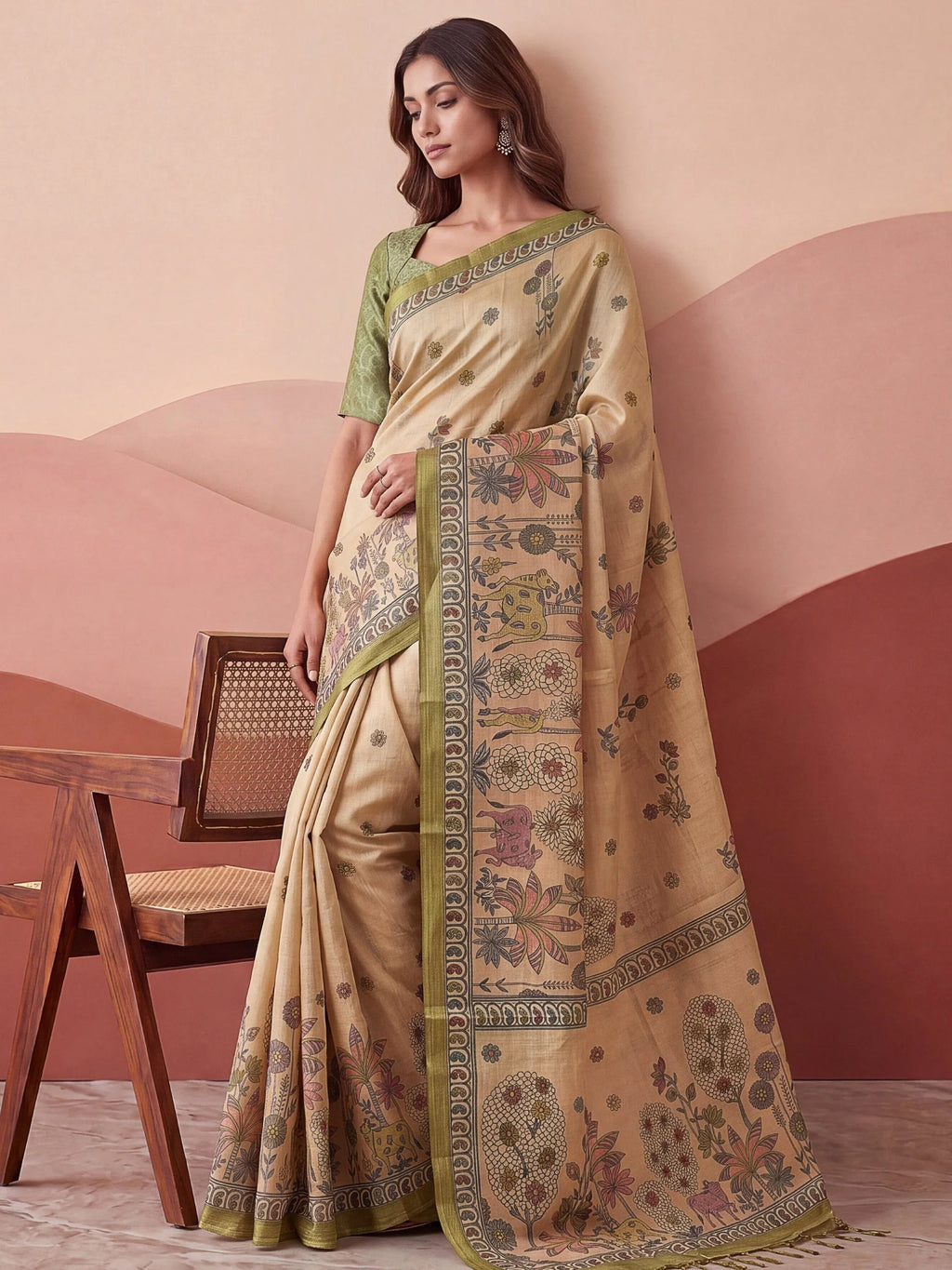 Attractive Beige Floral Printed Silk Office Wear Saree With Blouse