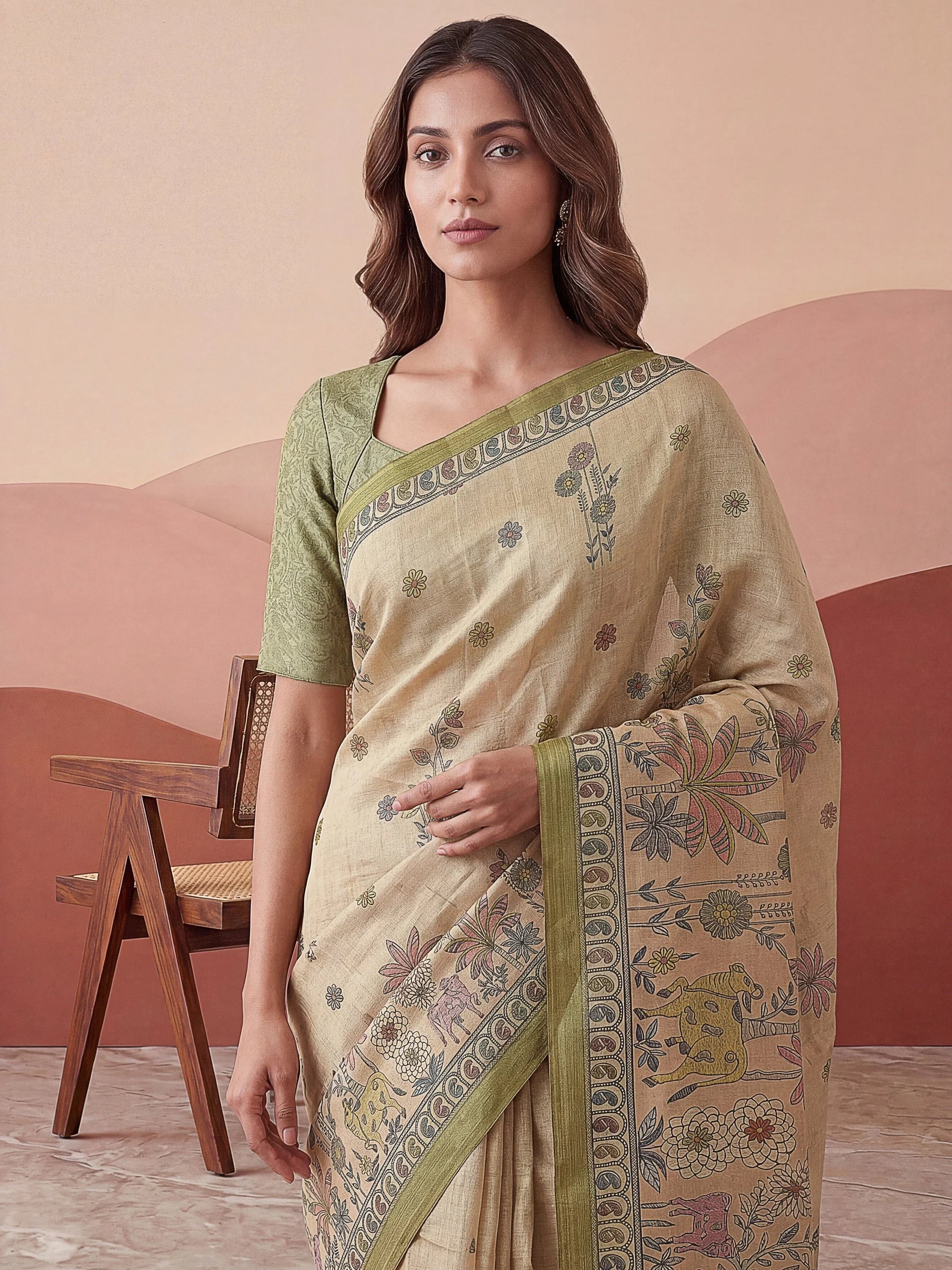Attractive Beige Floral Printed Silk Office Wear Saree With Blouse