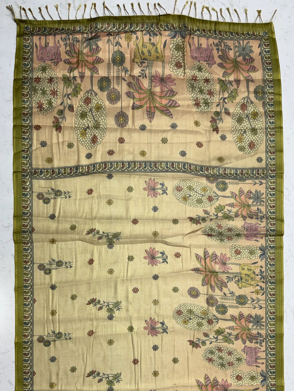 Attractive Beige Floral Printed Silk Office Wear Saree With Blouse
