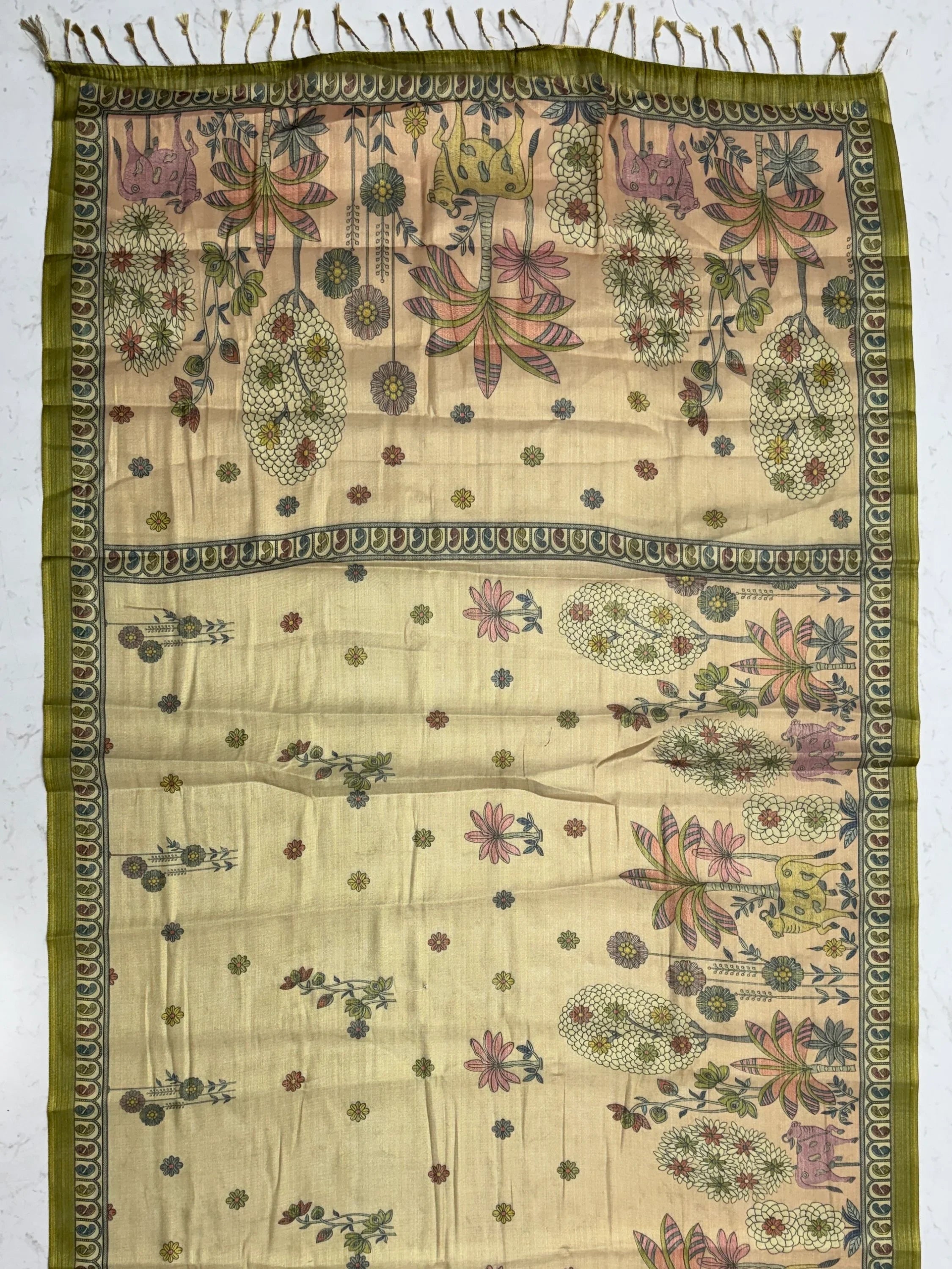 Attractive Beige Floral Printed Silk Office Wear Saree With Blouse