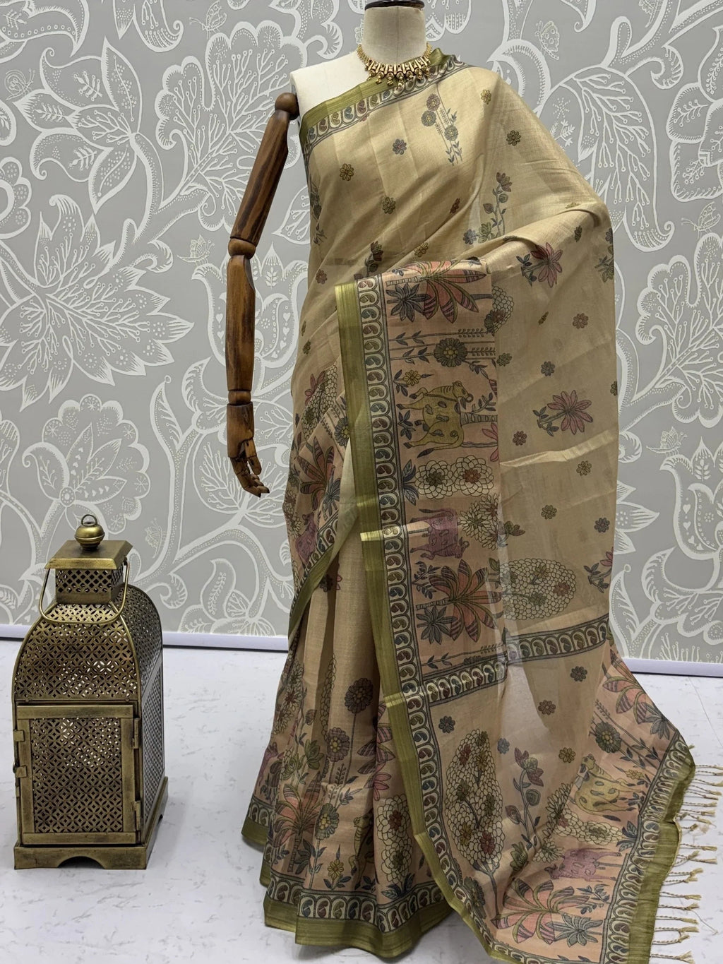 Attractive Beige Floral Printed Silk Office Wear Saree With Blouse