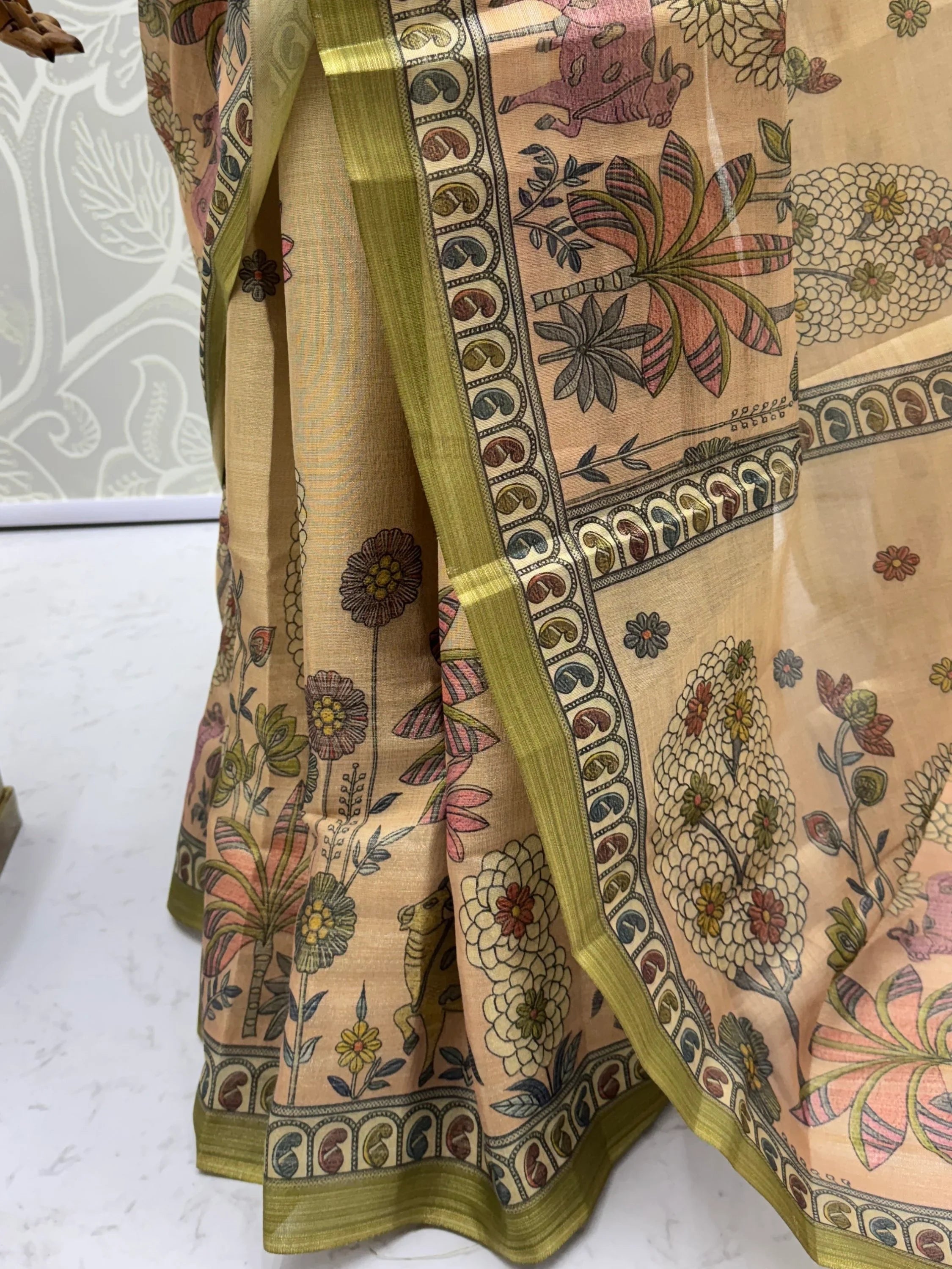 Attractive Beige Floral Printed Silk Office Wear Saree With Blouse