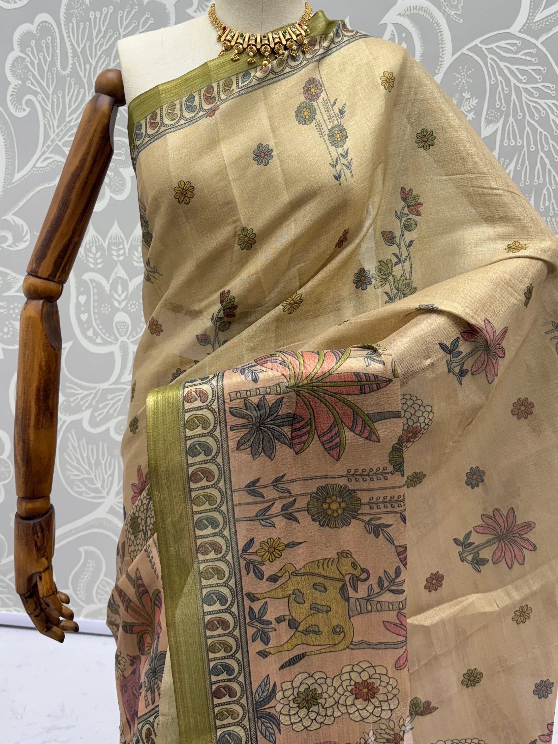 Attractive Beige Floral Printed Silk Office Wear Saree With Blouse