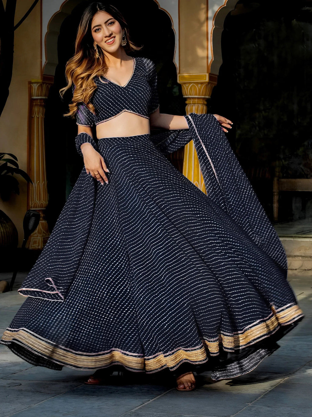 Black Gorgeous Laheriya Print Georgette Wedding Wear Lehenga Choli