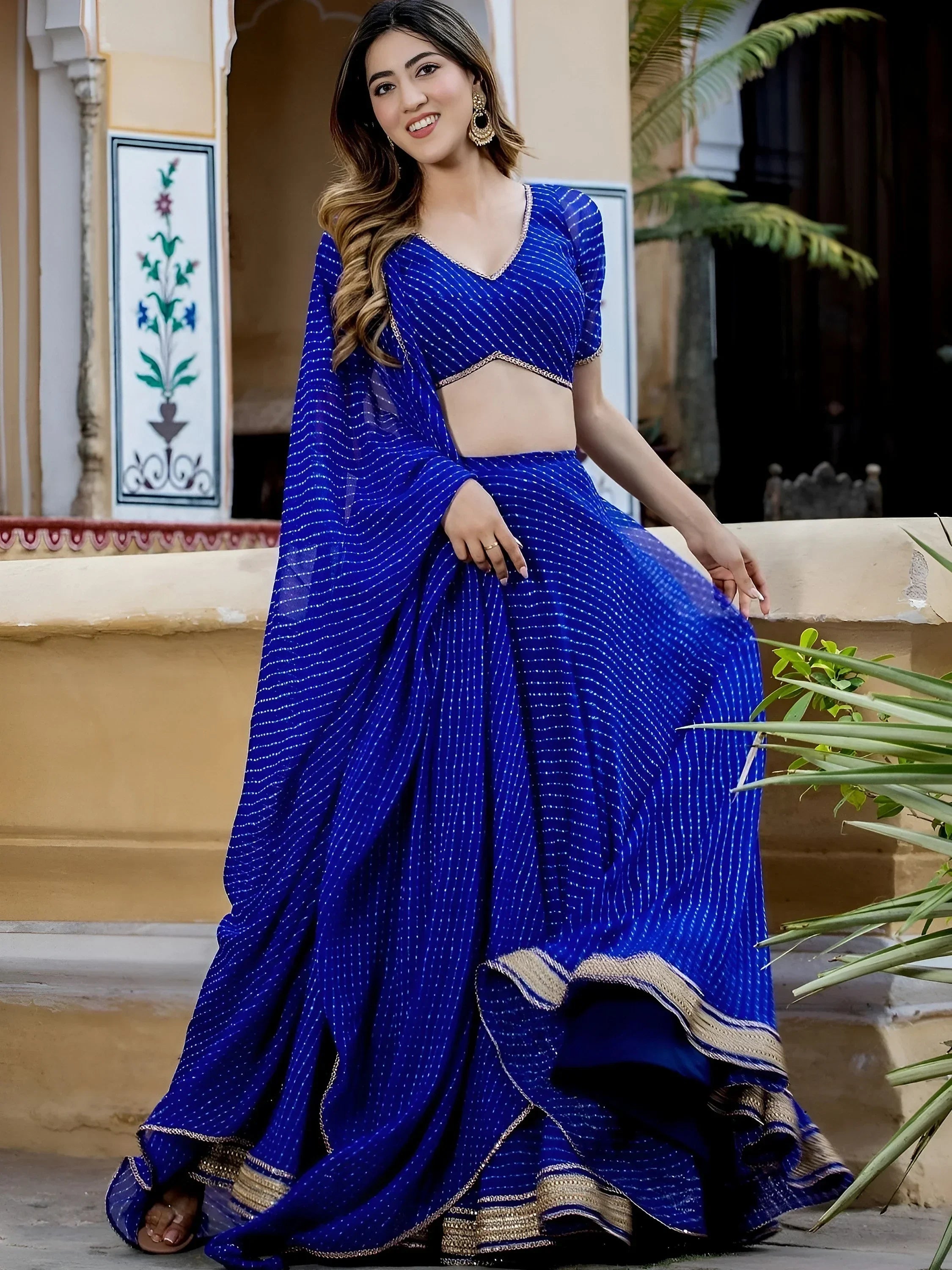 Blue Gorgeous Laheriya Print Georgette Wedding Wear Lehenga Choli