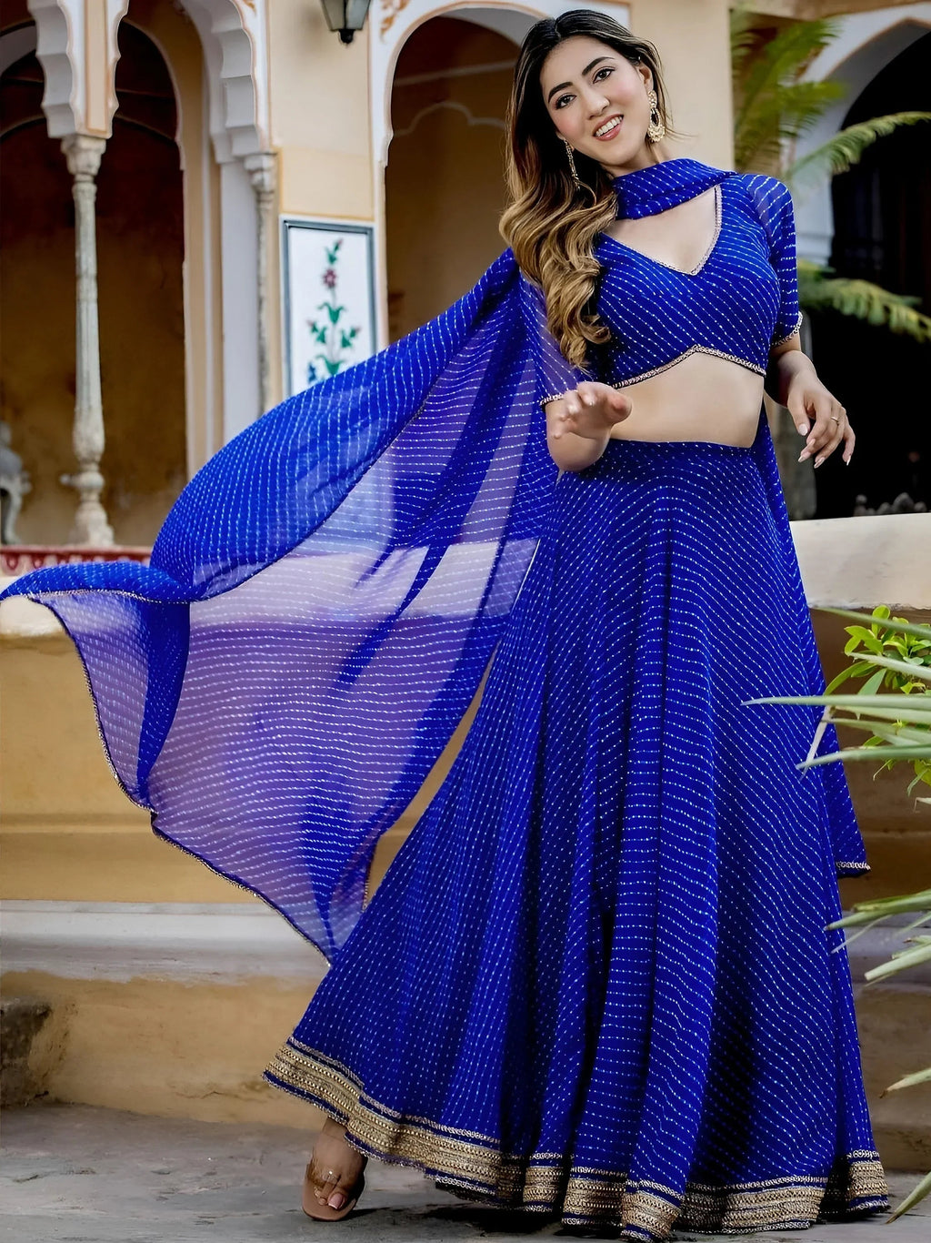 Blue Gorgeous Laheriya Print Georgette Wedding Wear Lehenga Choli