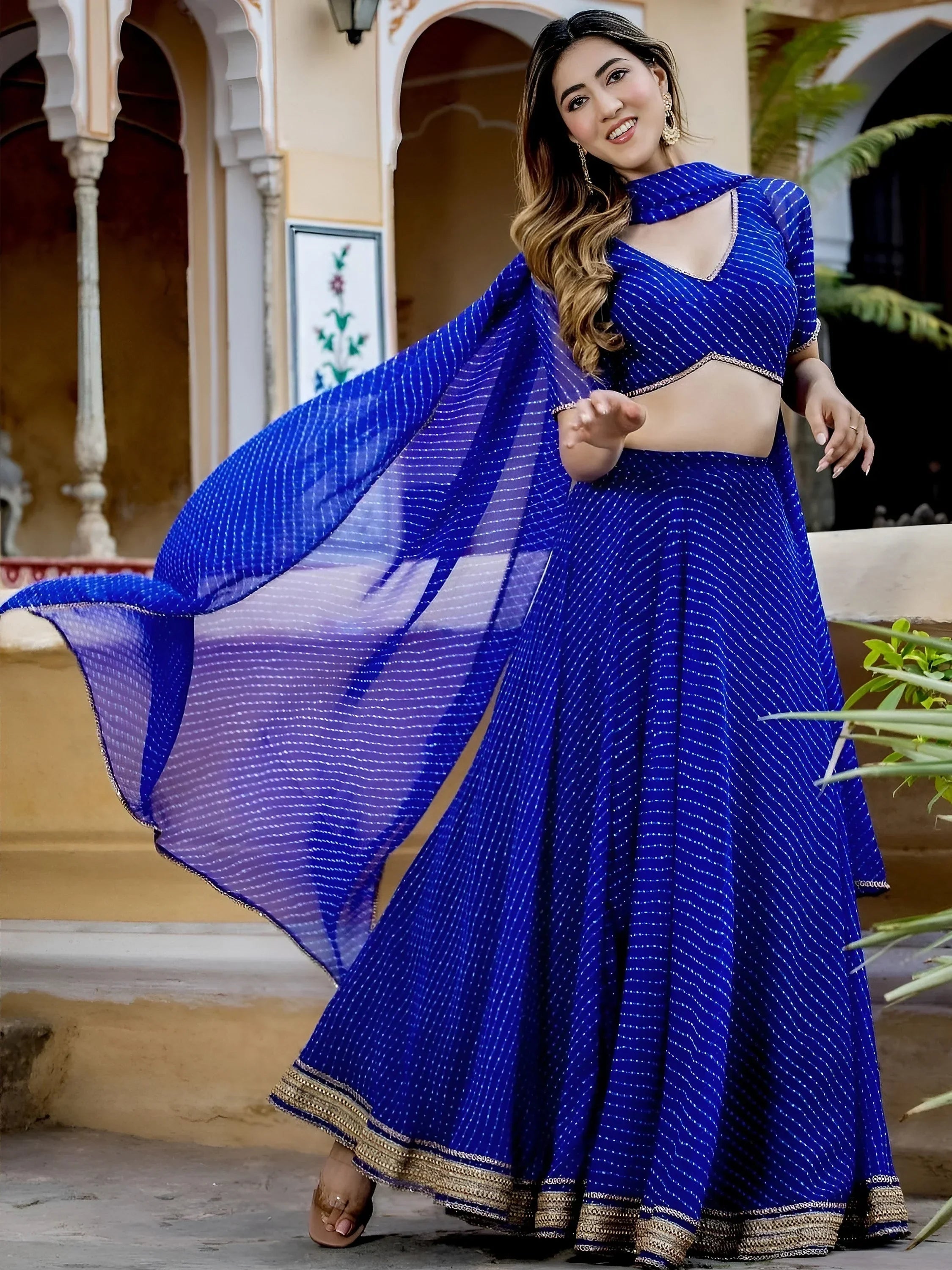 Blue Gorgeous Laheriya Print Georgette Wedding Wear Lehenga Choli