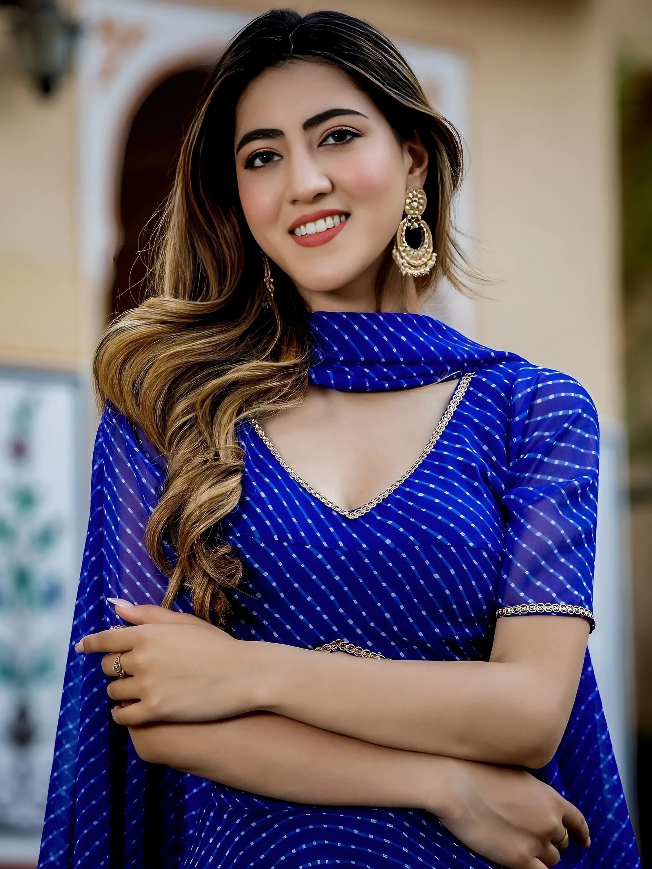Blue Gorgeous Laheriya Print Georgette Wedding Wear Lehenga Choli
