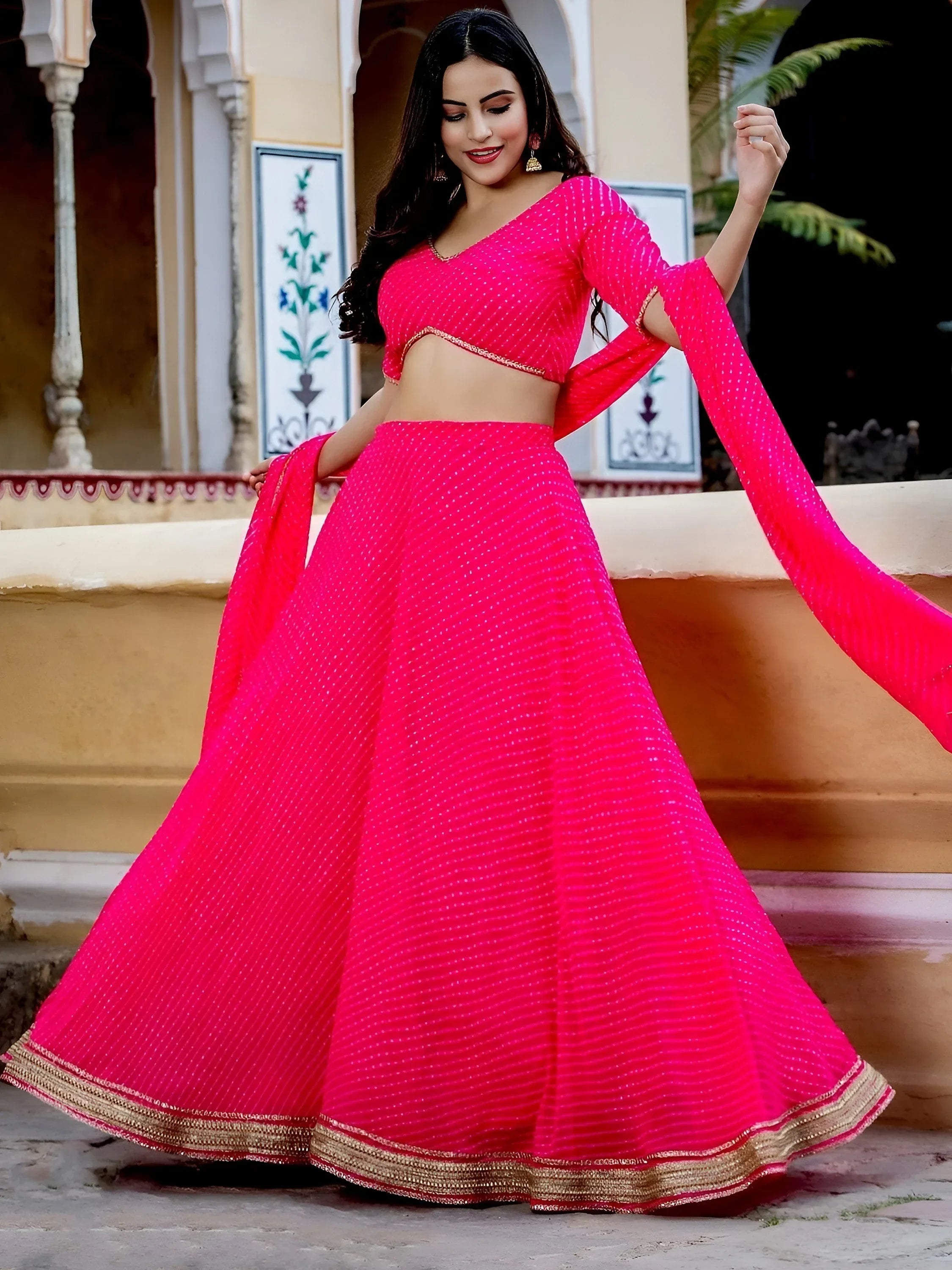 Pink Gorgeous Laheriya Print Georgette Wedding Wear Lehenga Choli
