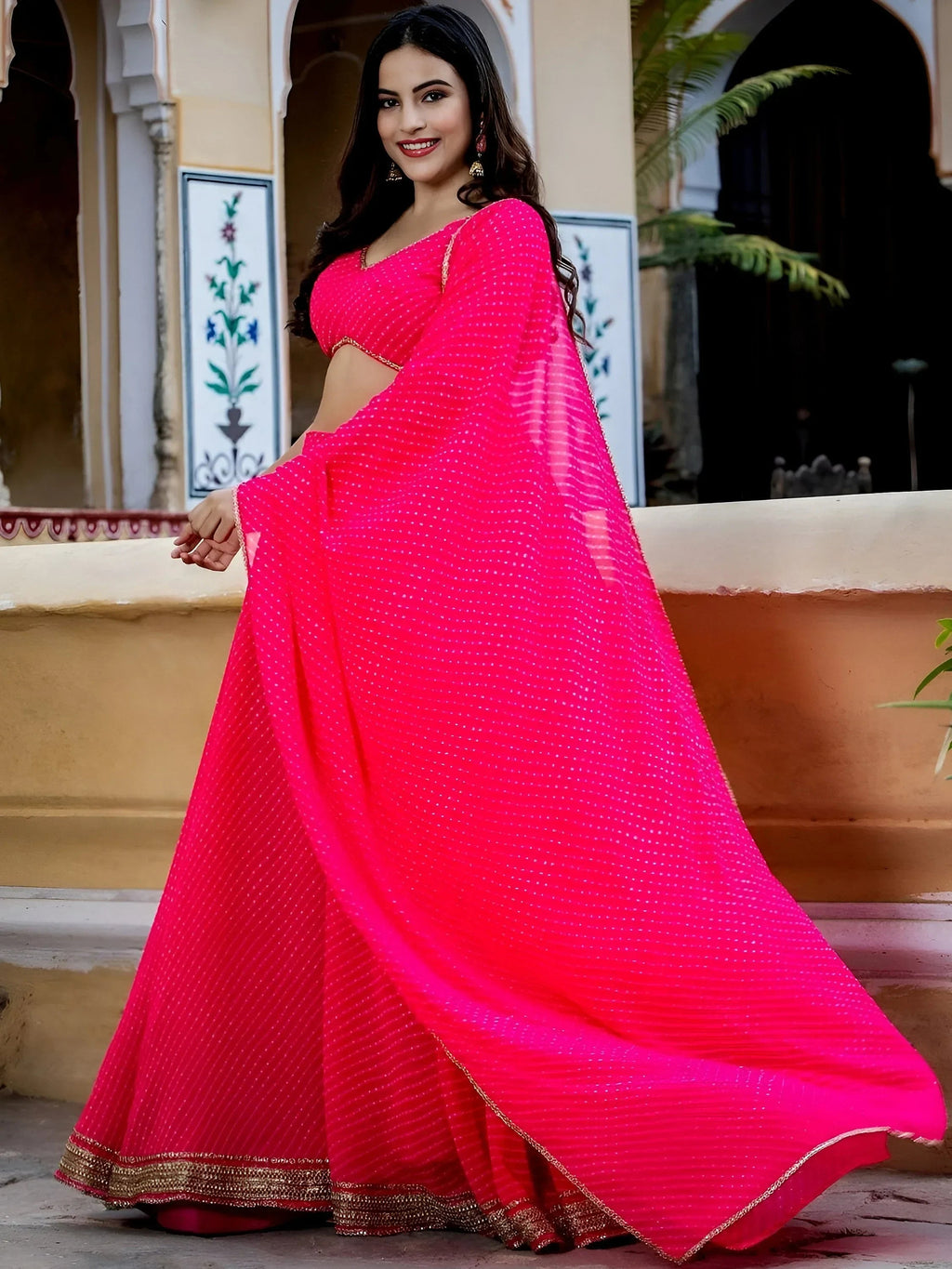 Pink Gorgeous Laheriya Print Georgette Wedding Wear Lehenga Choli