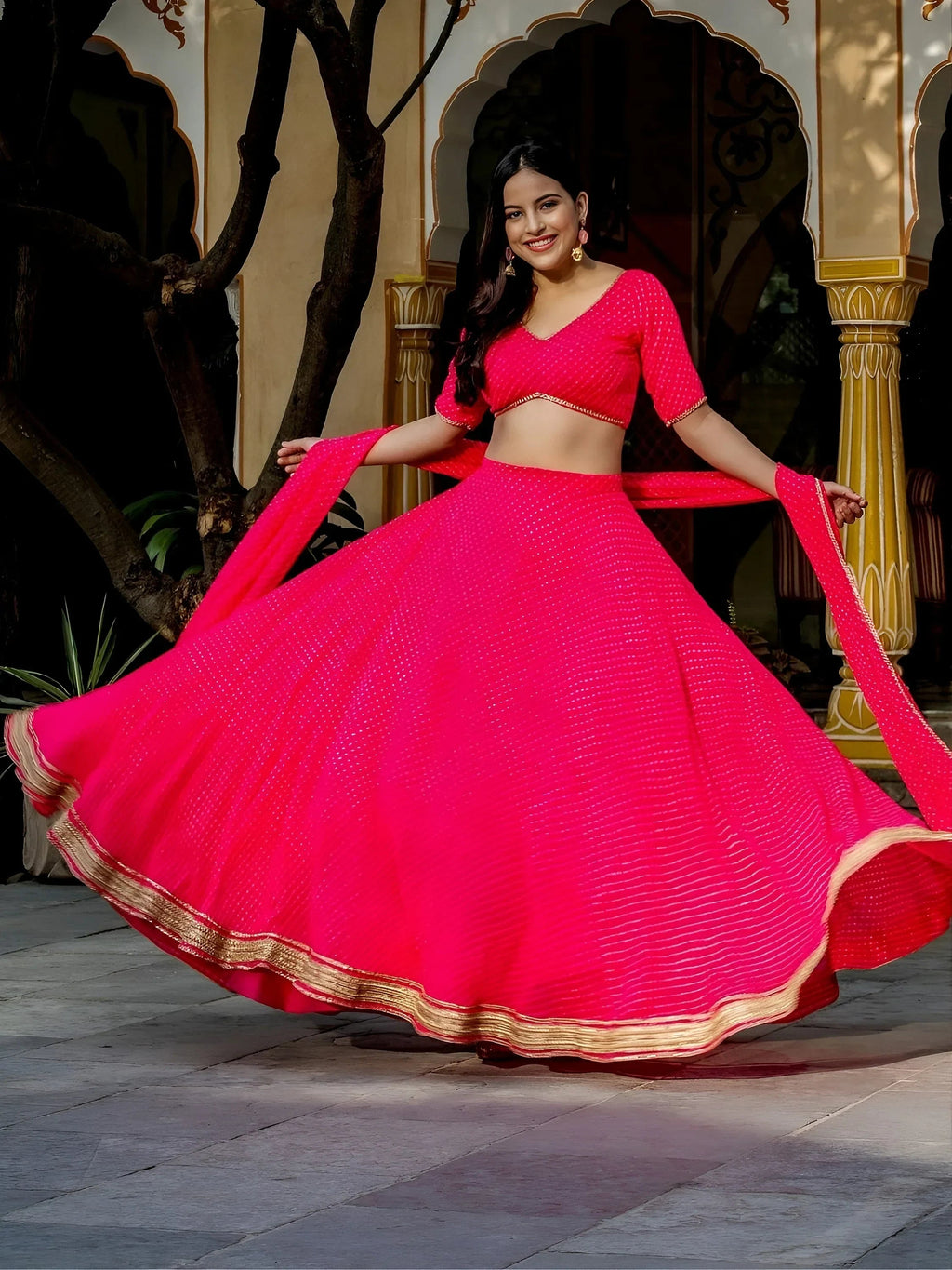 Pink Gorgeous Laheriya Print Georgette Wedding Wear Lehenga Choli