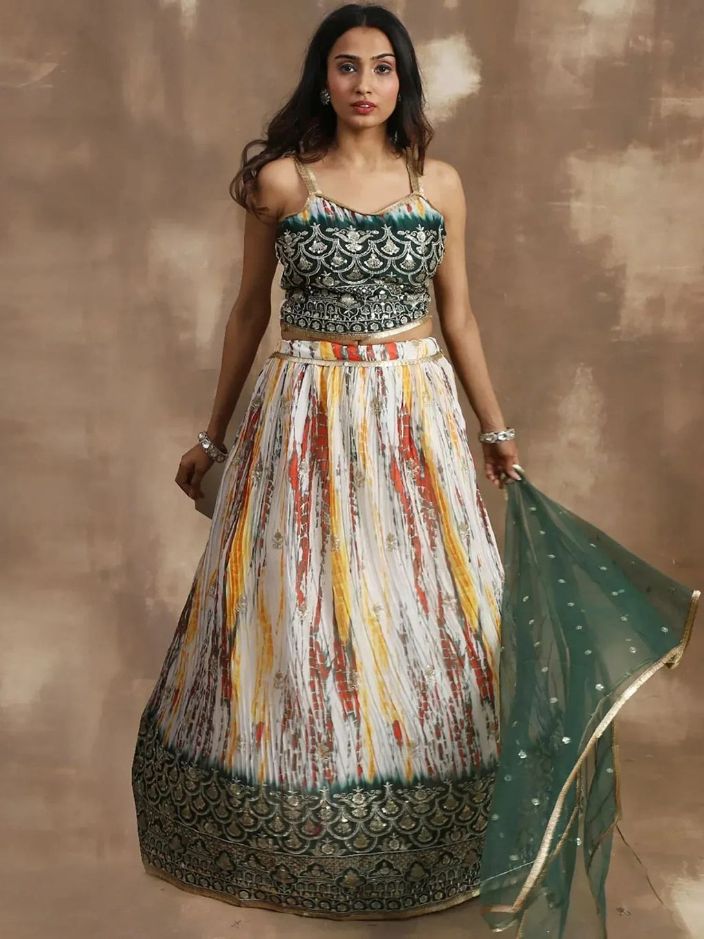 Enchanting White & Green Sequins Chinon Festival Wear Lehenga Choli
